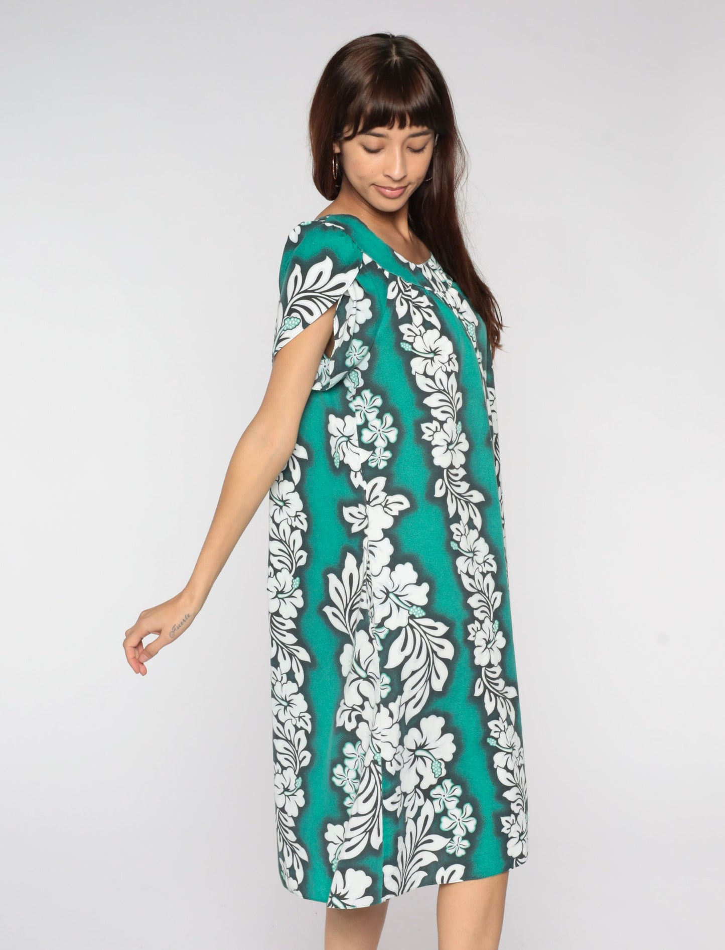 90s Hawaiian Tropical Floral Midi Dress Green Tent Cut Tulip Sleeve Medium