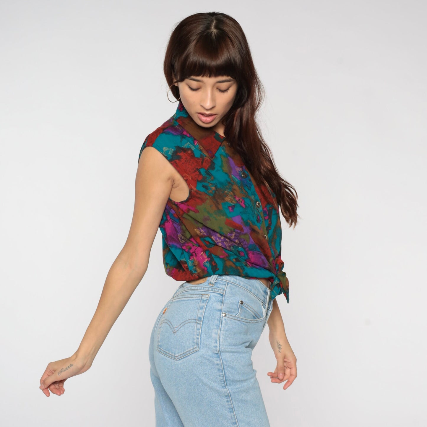 90s Abstract Print Tie Front Crop Top Rayon Button Up Collared Medium