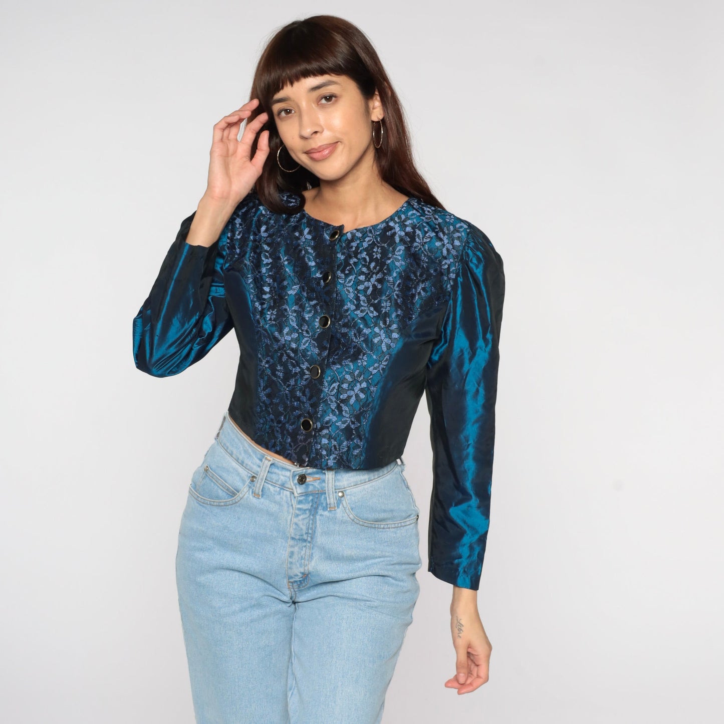 80s Metallic Blue Floral Lace Puff Sleeve Blouse Button Up Small