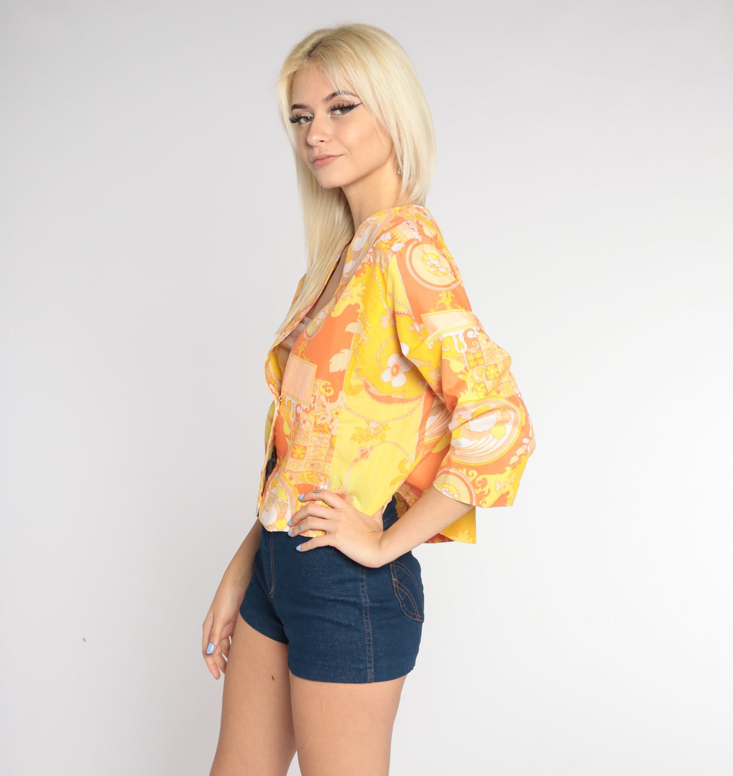 70s Floral Blazer Yellow Orange Flower Print 3/4 Sleeve Jacket Medium M