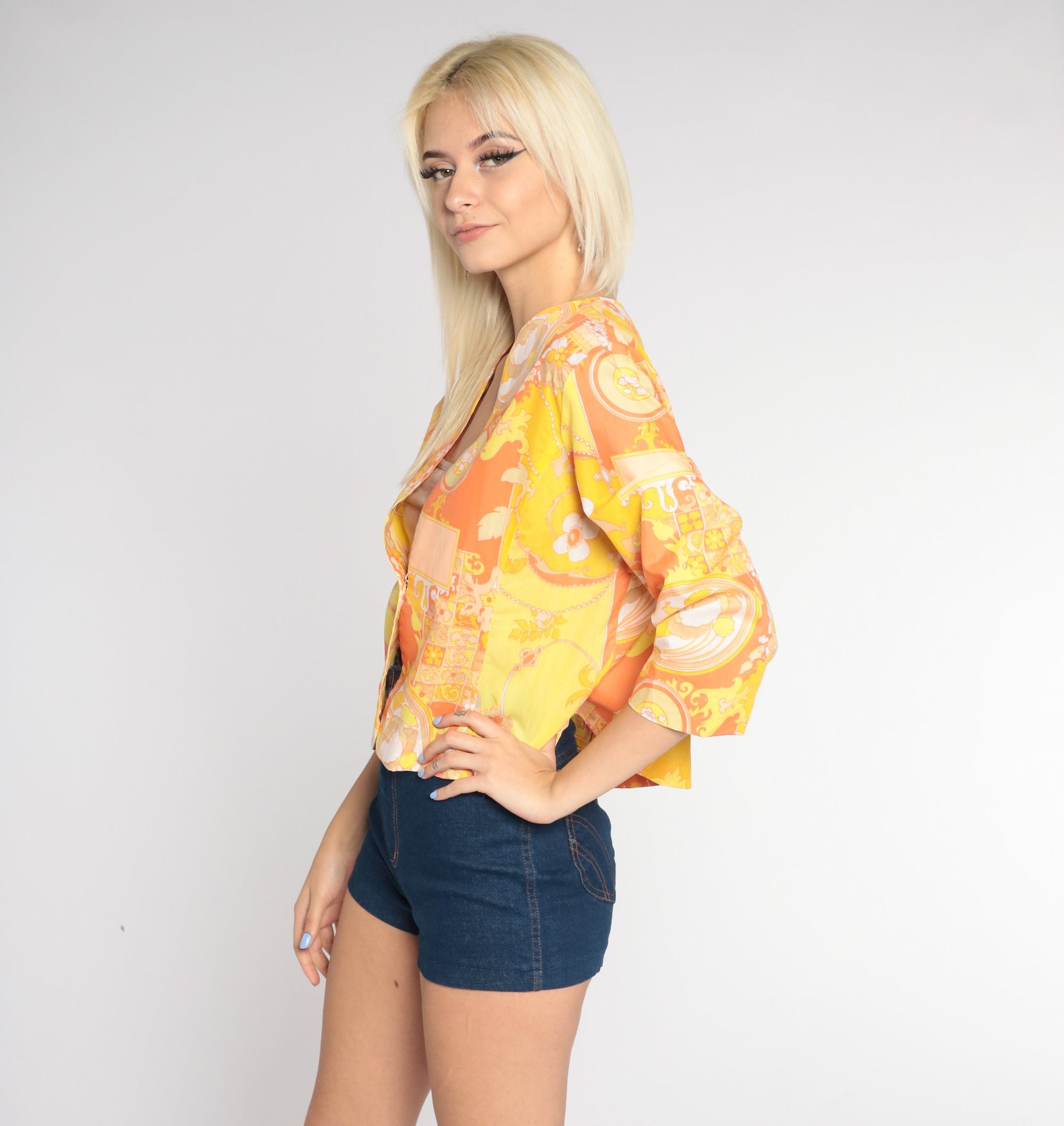70s Floral Blazer Yellow Orange Flower Print 3/4 Sleeve Jacket Medium M