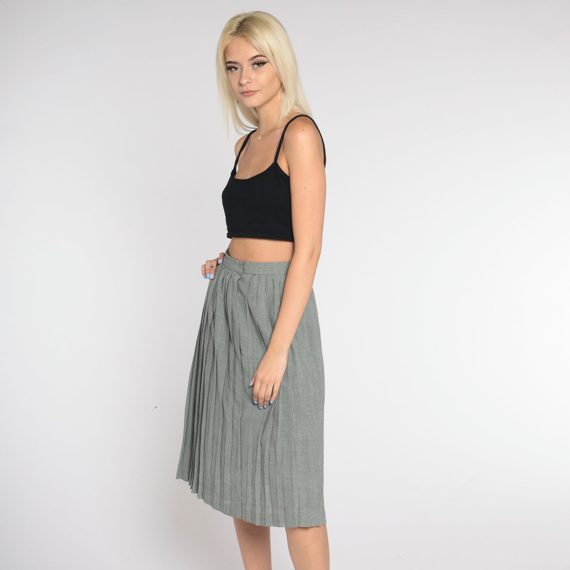 80s Houndstooth Pleated Midi Skirt Black White High Waist Extra Small