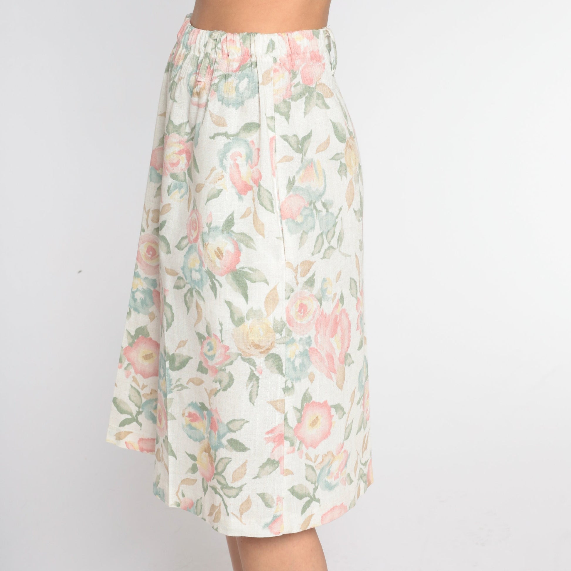 90s Floral Culotte Shorts White Linen Blend High Waist Wide Leg Medium