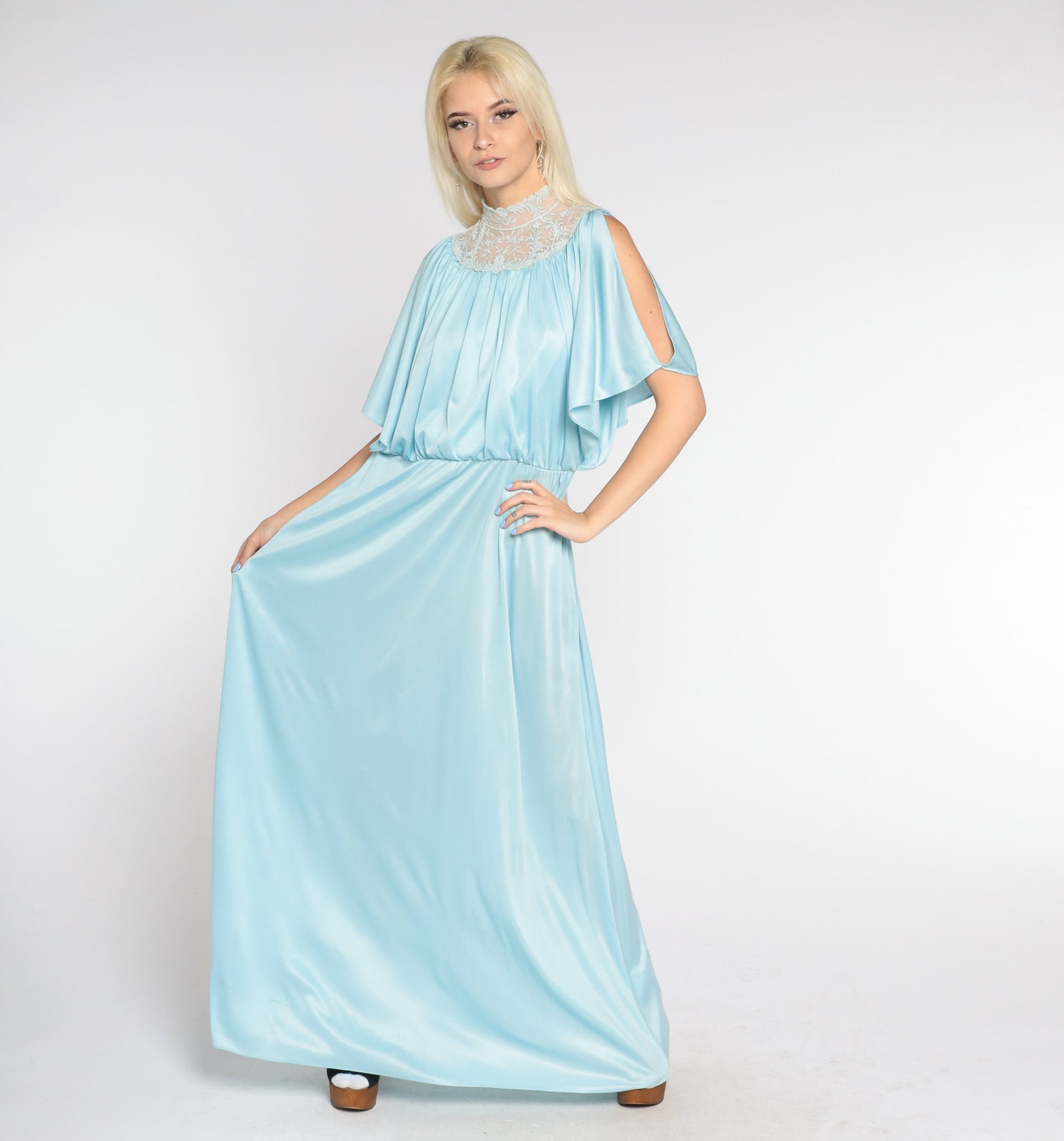 70s Blue Maxi Dress Grecian High Neck Embroidered Lace Split Sleeve Large