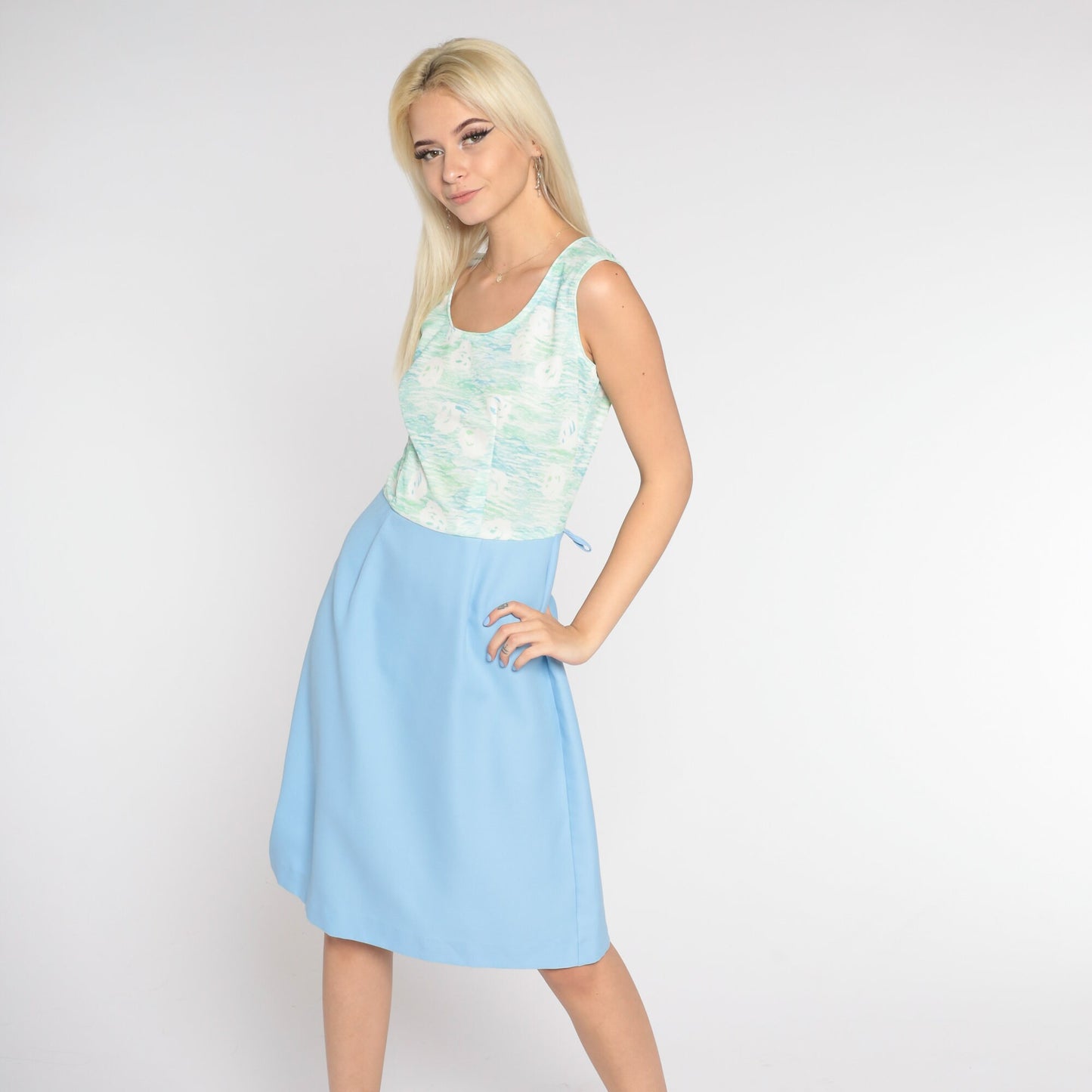 70s Watercolor Mini Dress Blue Green Sleeveless High Waist Small