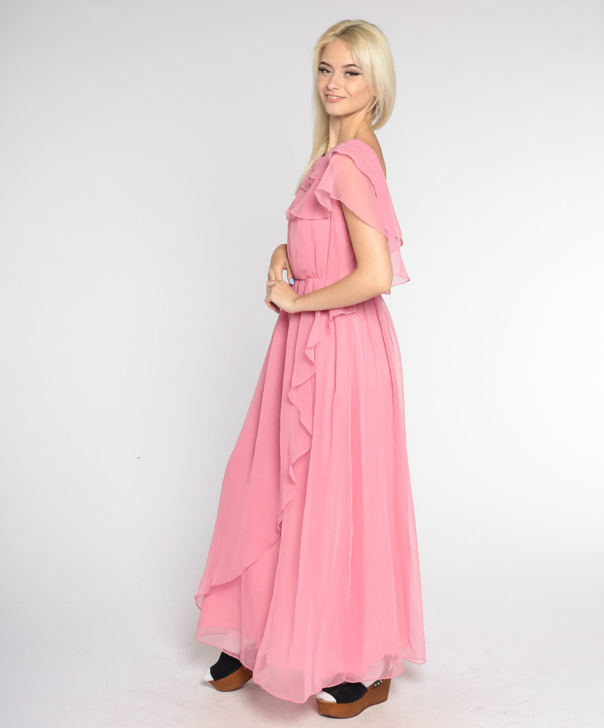70s Pink Chiffon Maxi Dress Grecian Capelet Flutter Sleeve High Waist Extra Small