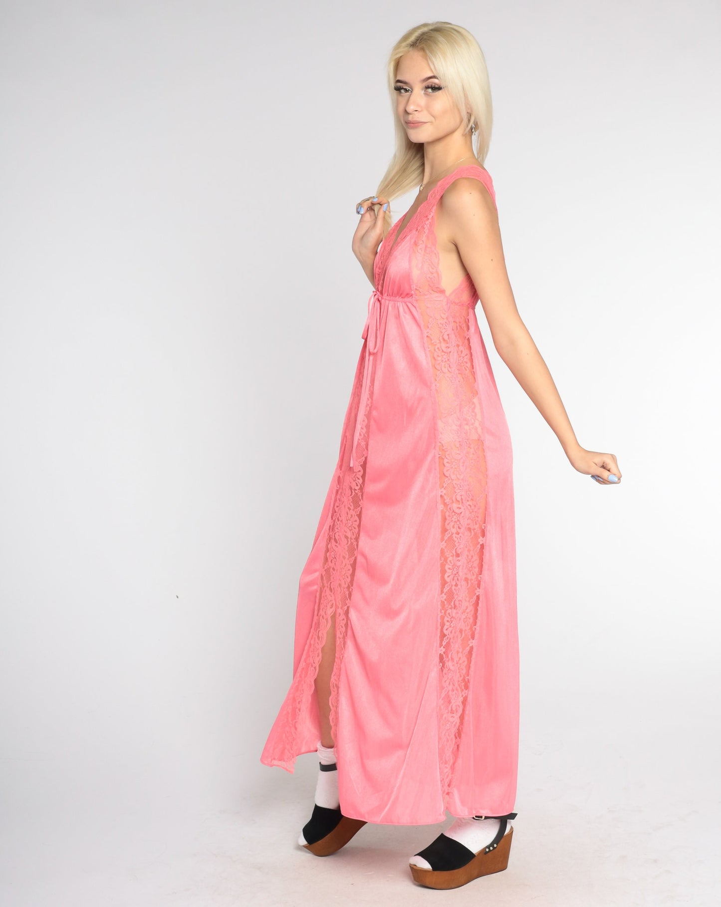 70s Bright Pink Sheer Floral Lace Nightgown Maxi Empire Waist Small