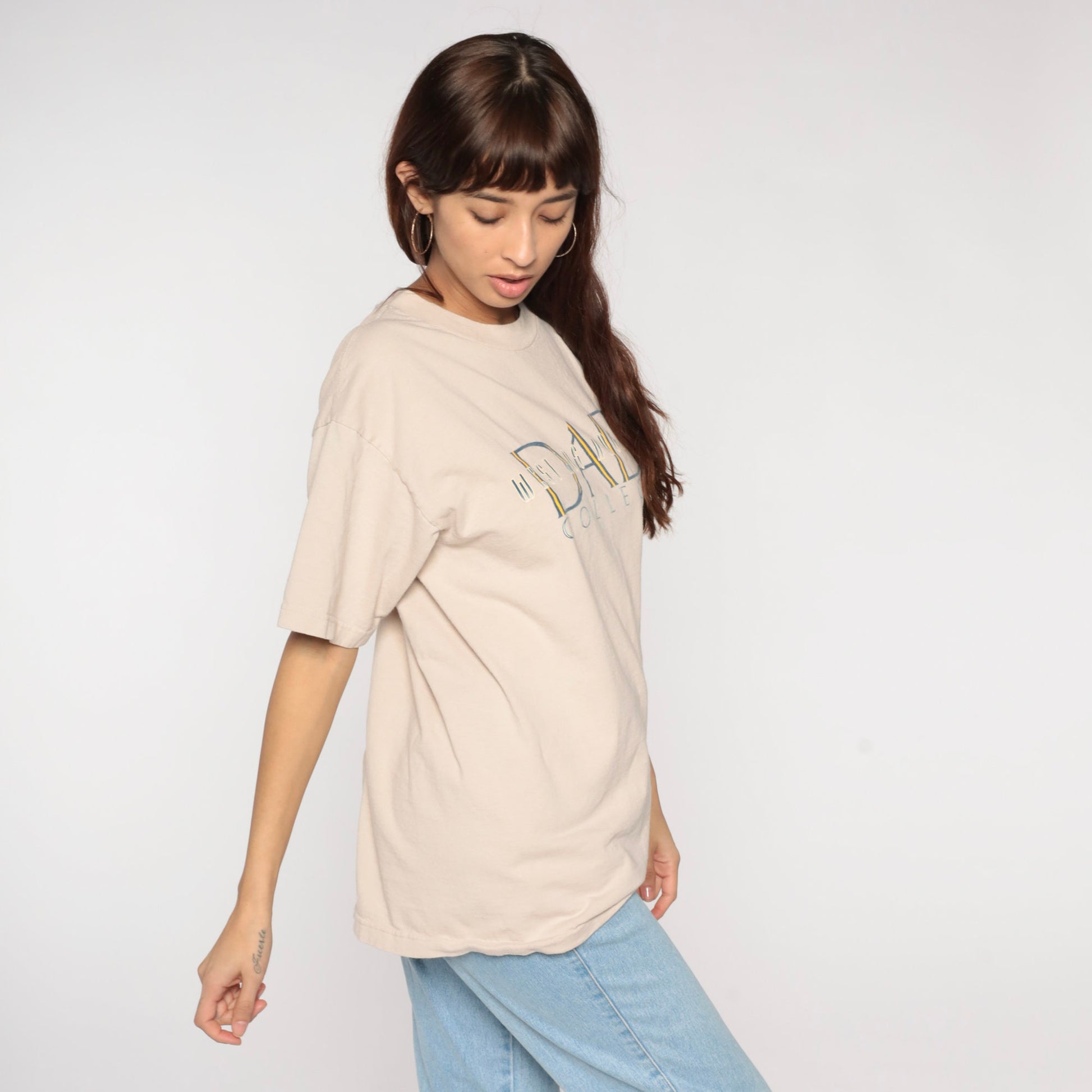 Y2K West LA College Dad Graphic Tee Tan Cotton Large