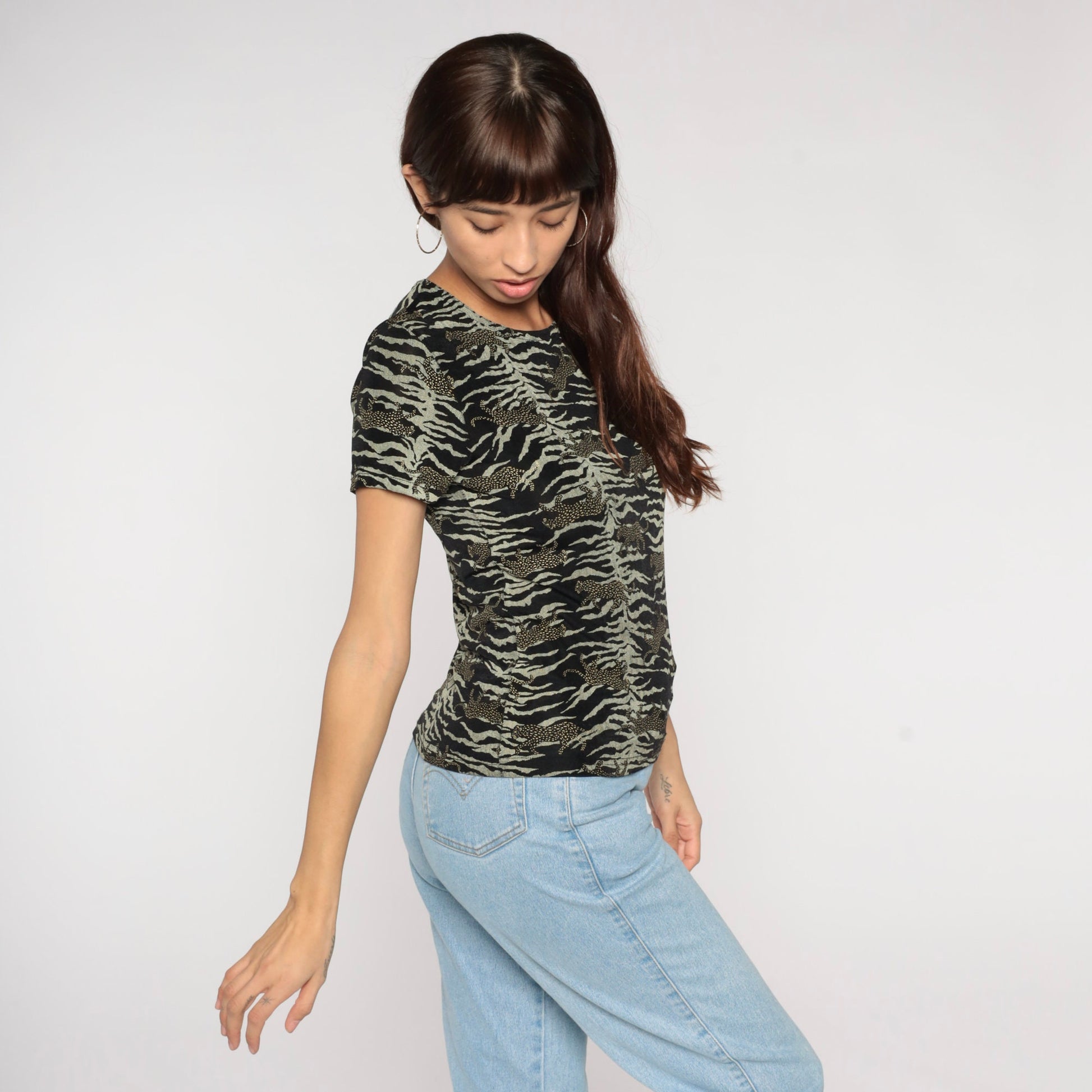 90s Bentley Leopard Animal Print Shirt Short Sleeve Blouse Small Medium