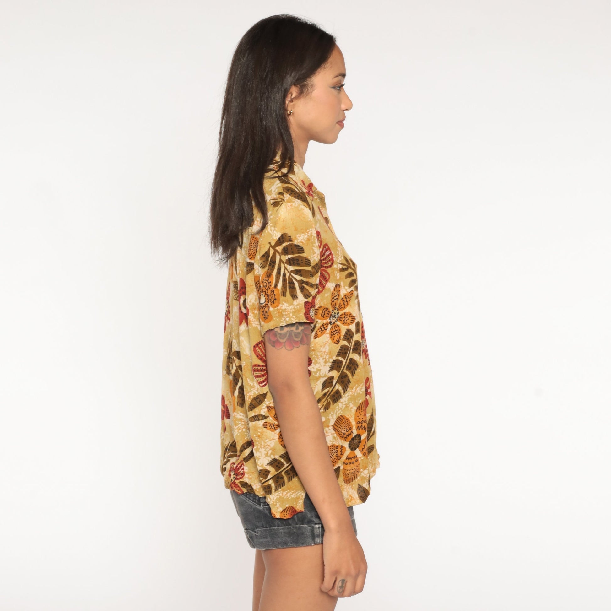 90s Floral Brown Rayon Blouse Short Sleeve Button Up Tropical Print Medium