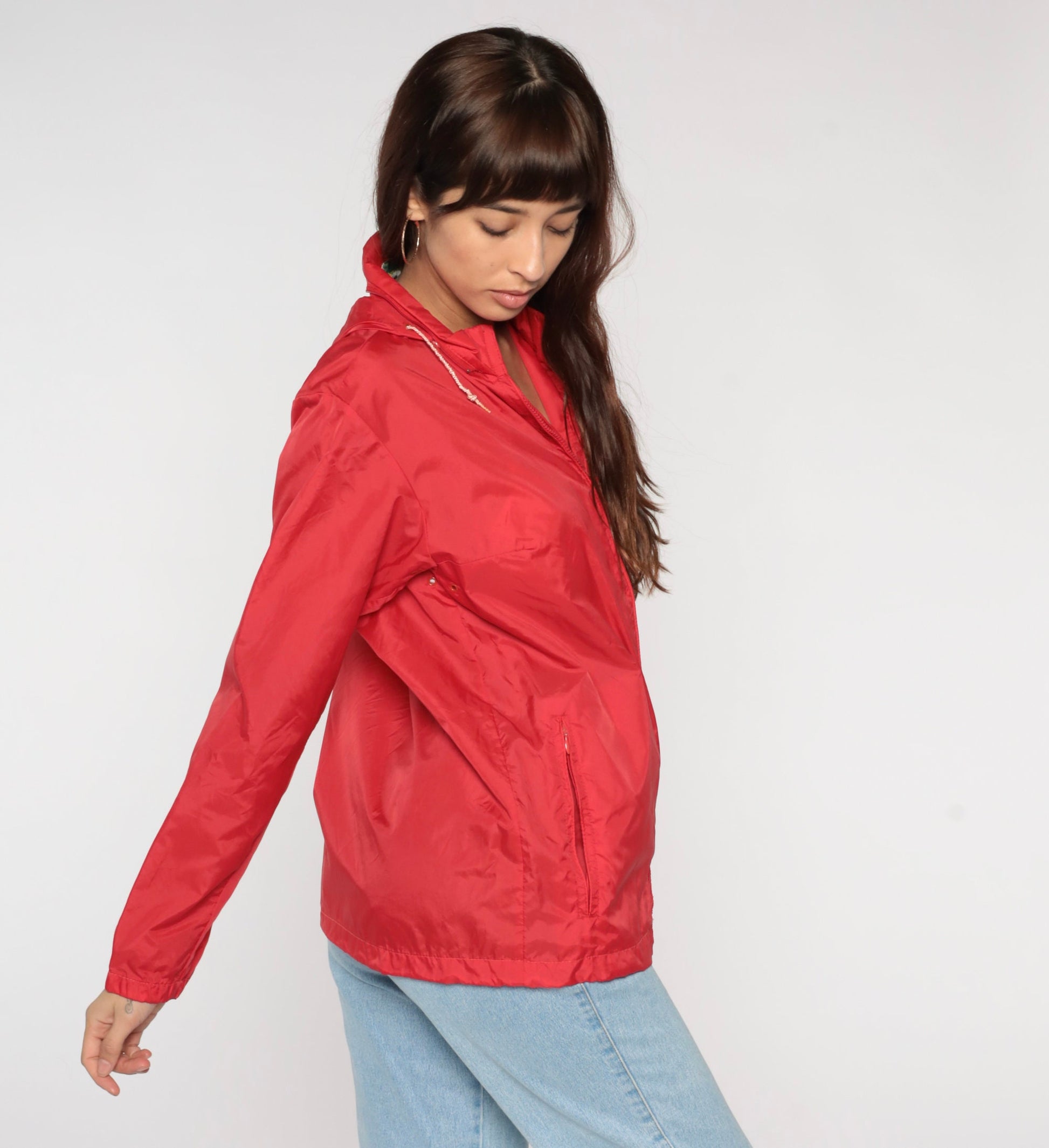 80s LL Bean Red Hooded Windbreaker Nylon Zip Jacket Small