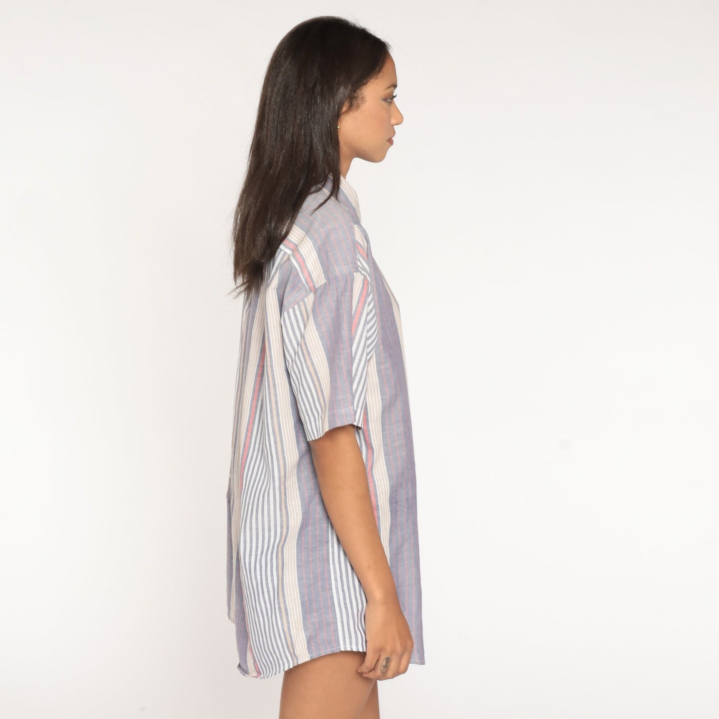 90s Blue White Striped Cotton Button-Up Shirt Chest Pocket Men's Large