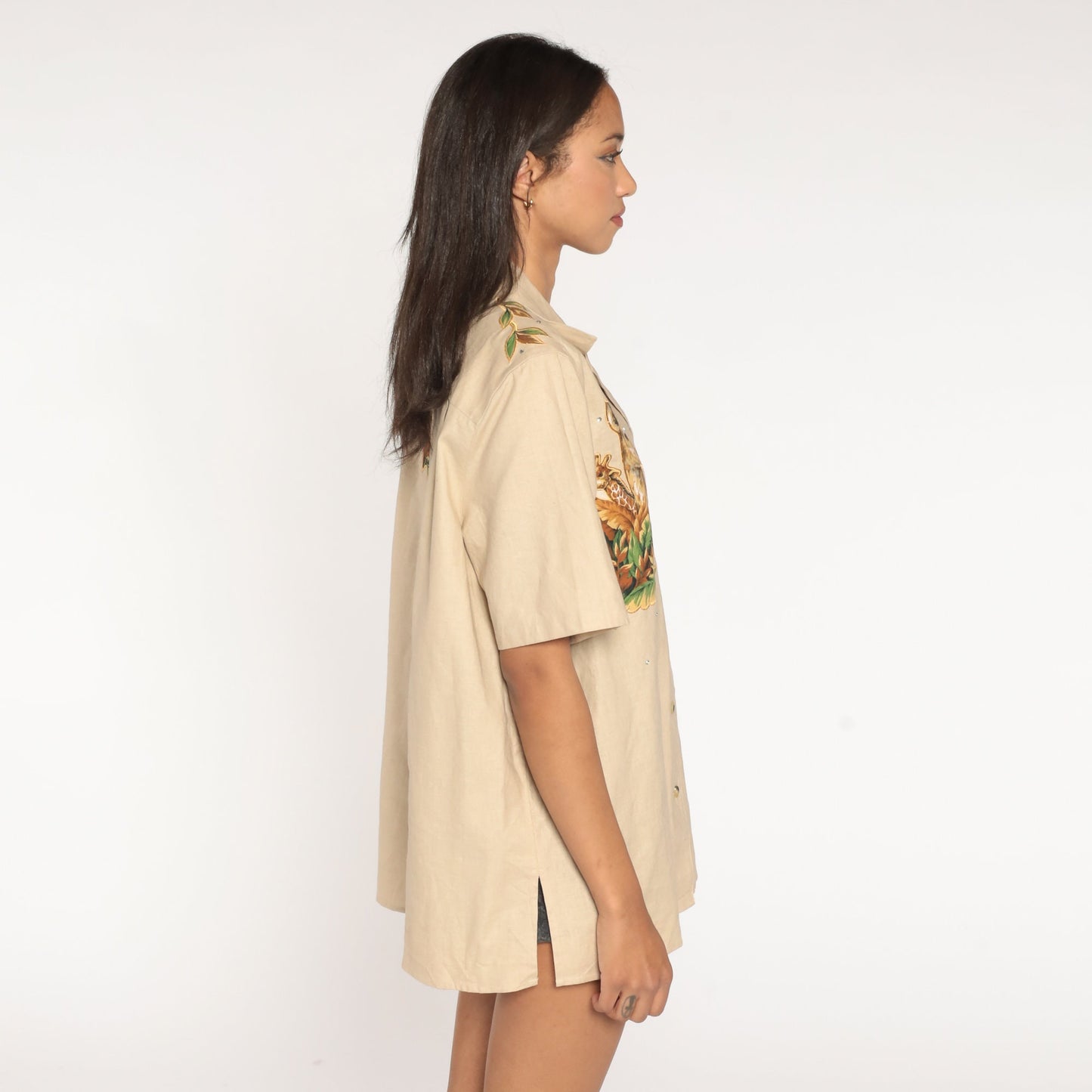 00s Cracker Factory Safari Animal Button Up Shirt Zebra Giraffe Tan Large L