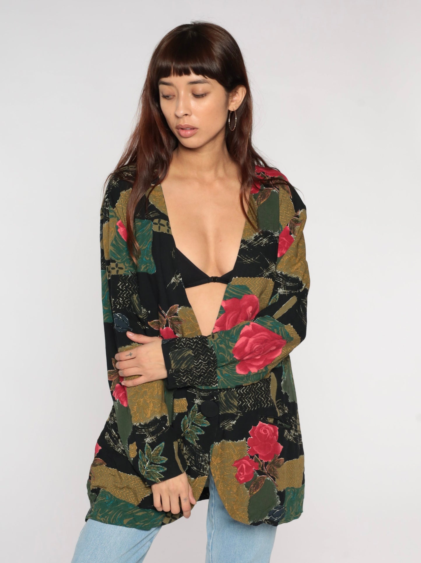 90s Patchwork Floral Rayon Jacket Deep V Button Front Rose Print Large