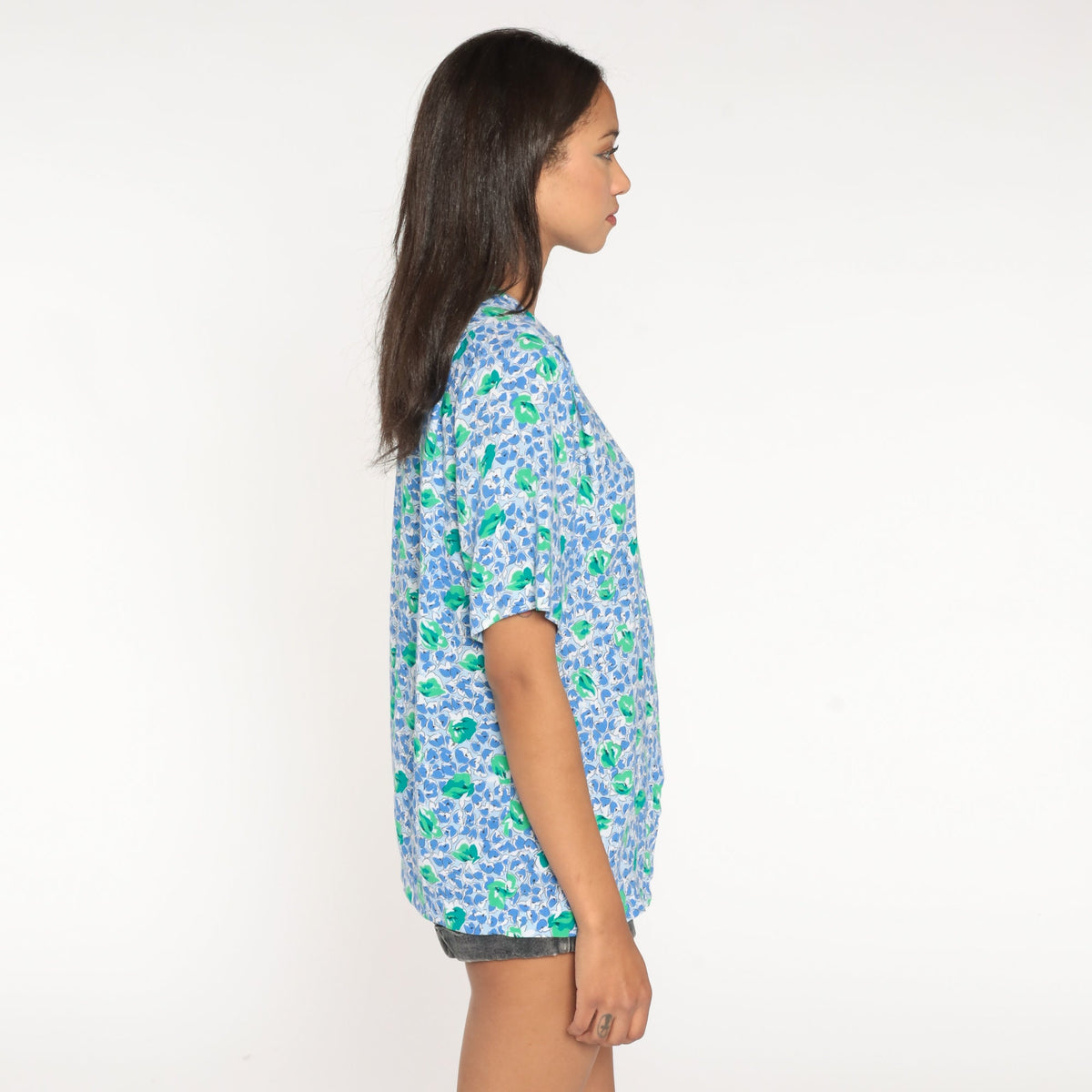 80s Blue Green Floral Button-Up Blouse Short Sleeve Hidden Placket Medium Large
