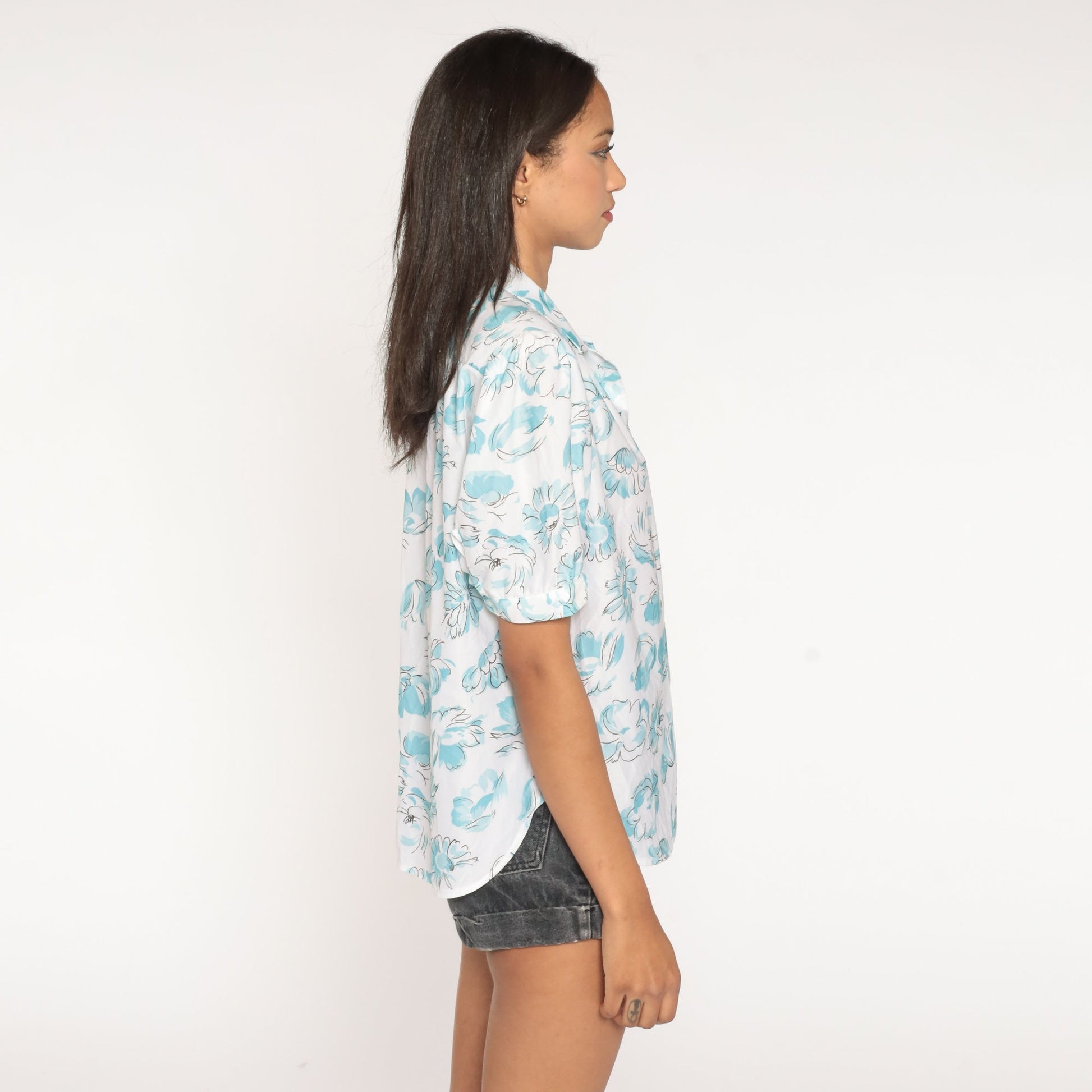 80s Floral Puff Sleeve Button-Up Blouse White Watercolor Print Large L