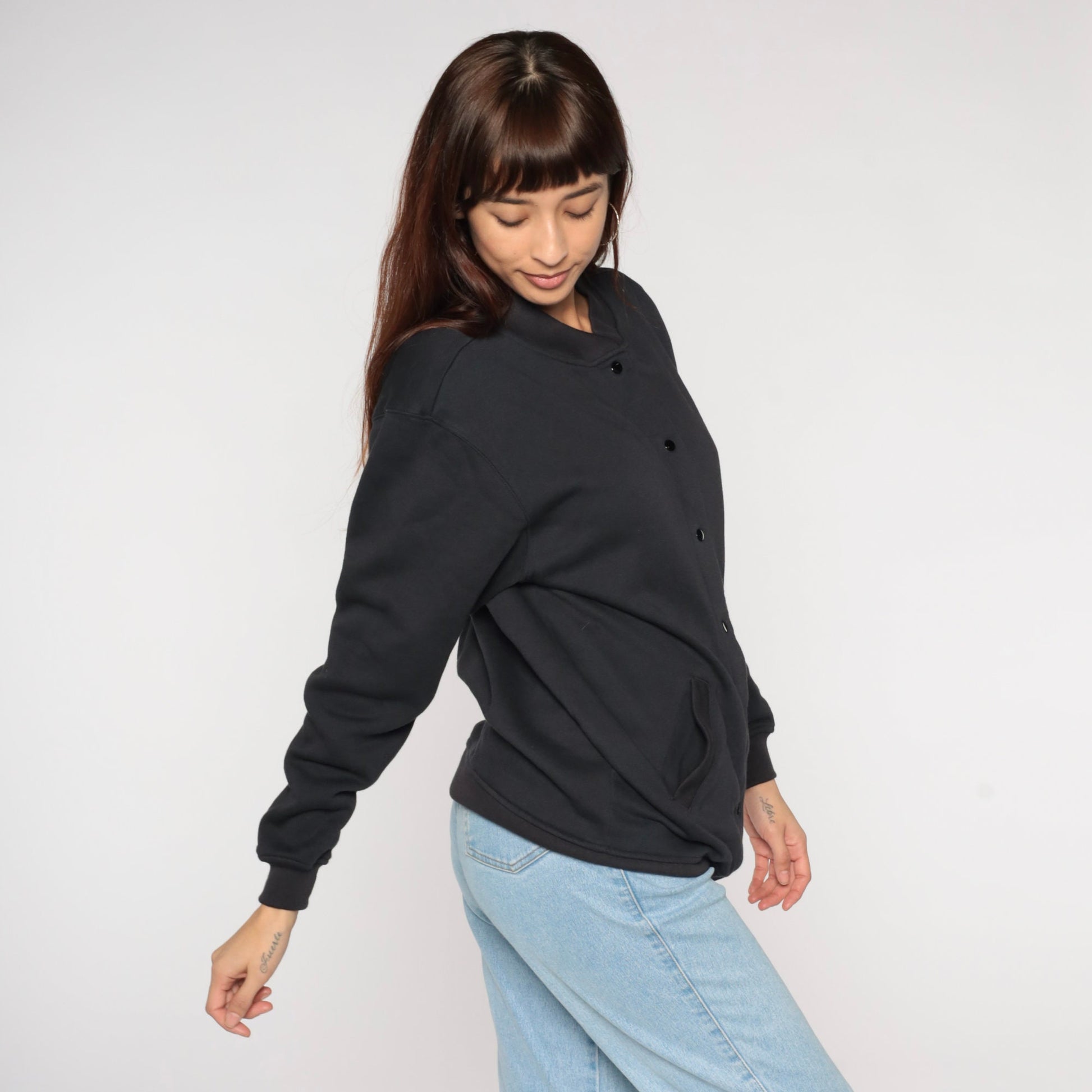 00s Black Snap-Up Sweatshirt Jacket Plain Crewneck Medium M
