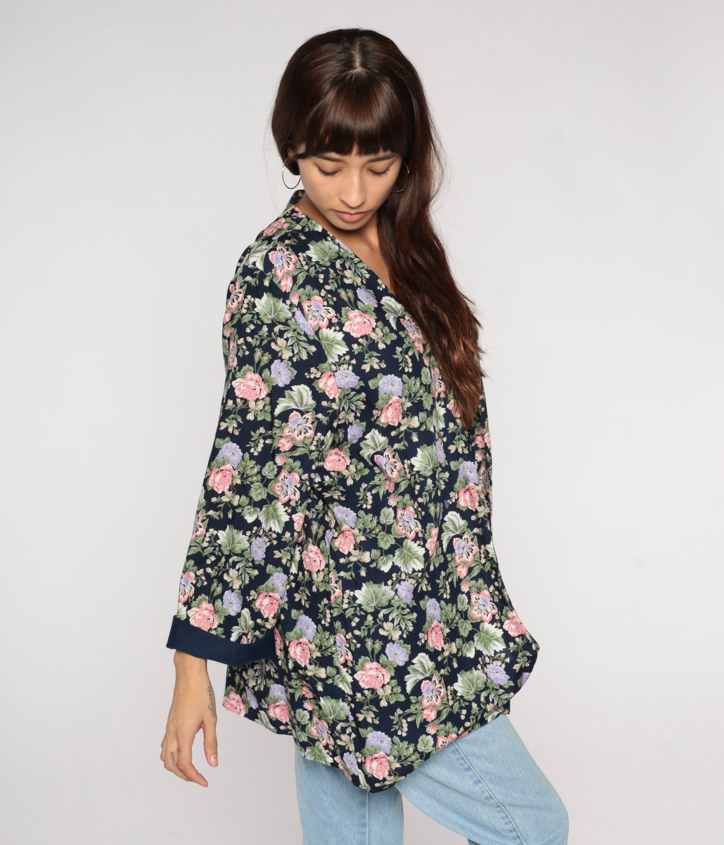 90s Navy Floral Open Front Jacket Rayon Long Sleeve Large L