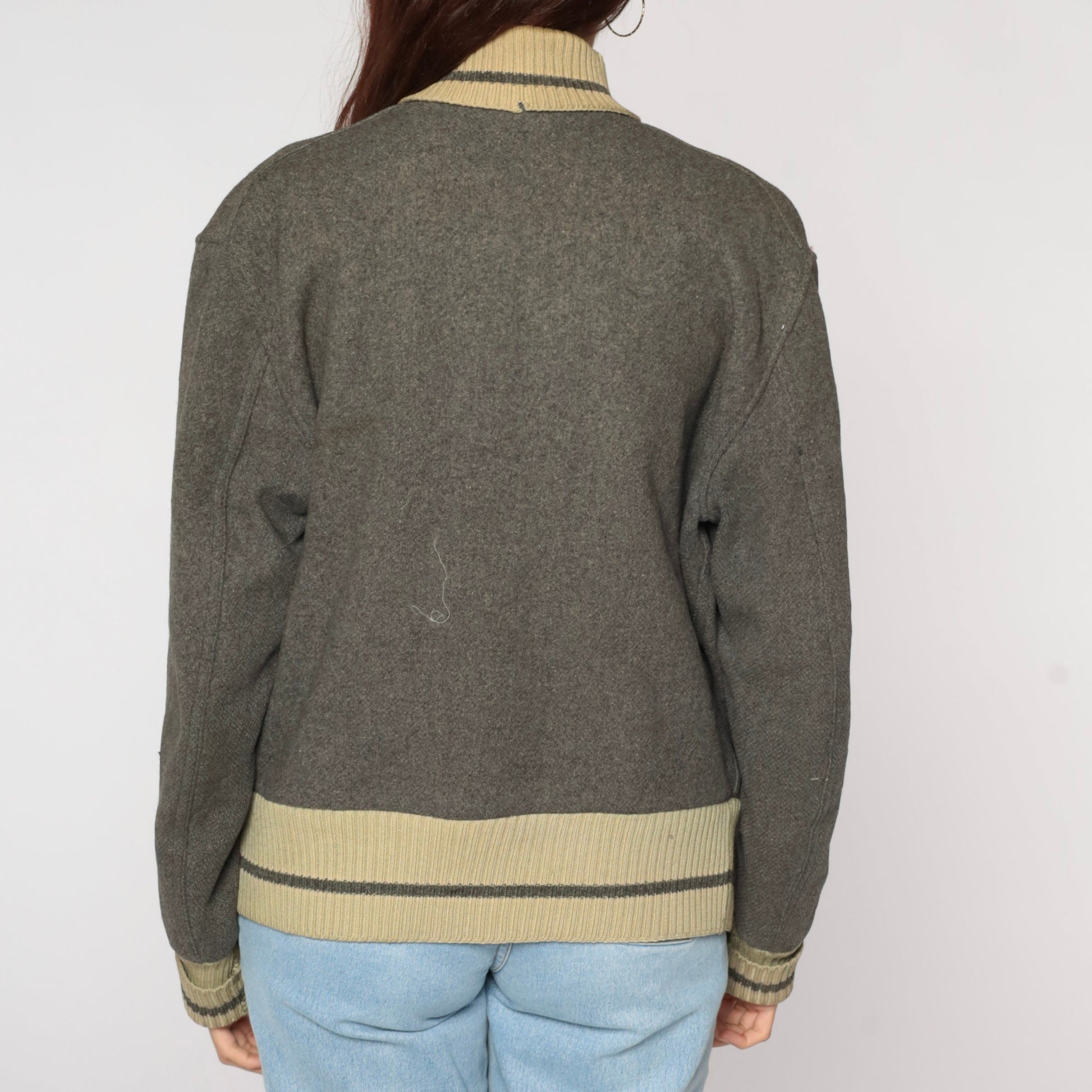 1950s Wool Varsity Jacket Grey Patch Snap Front Men's Medium