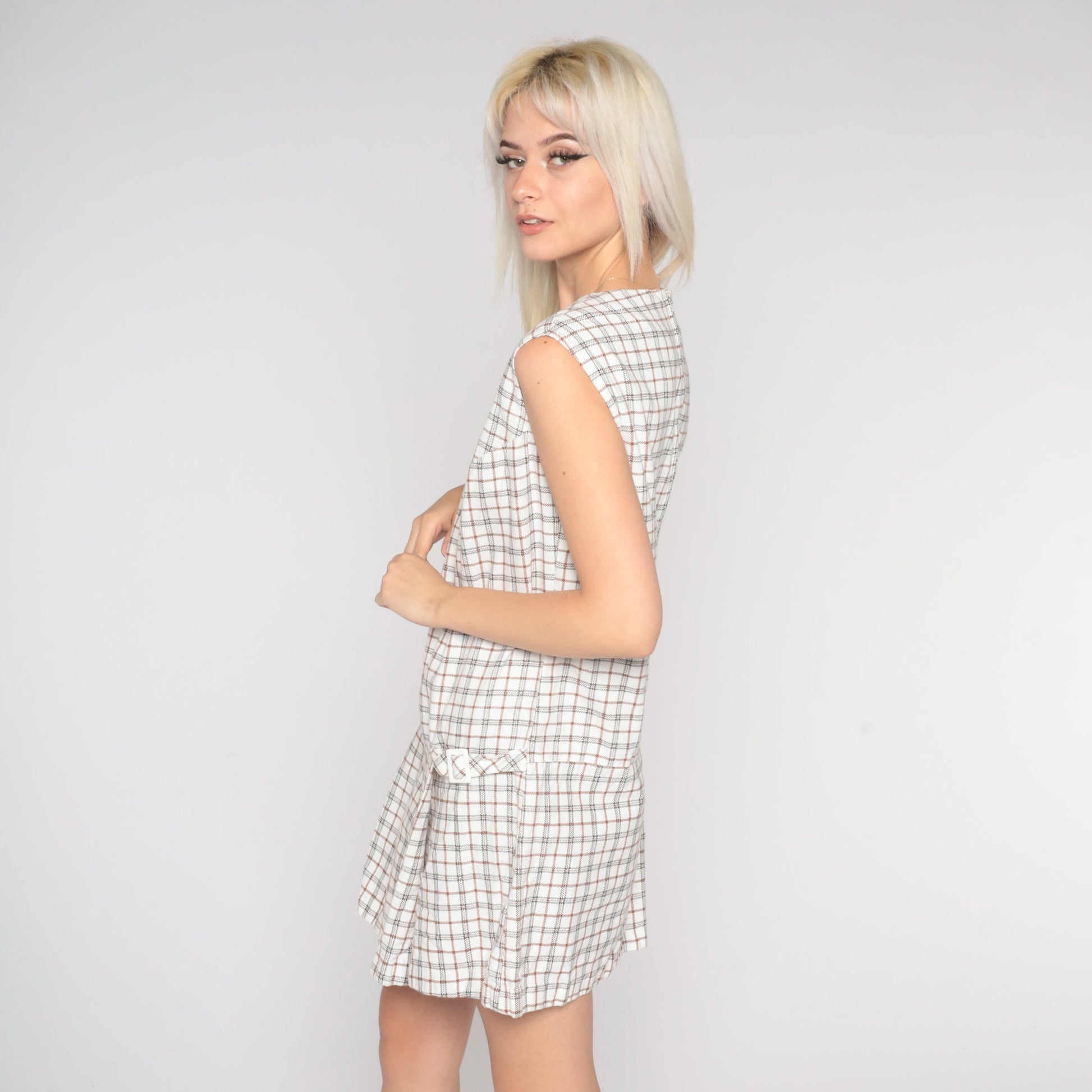 60s White Plaid Drop Waist Scooter Dress Sleeveless Minidress Medium