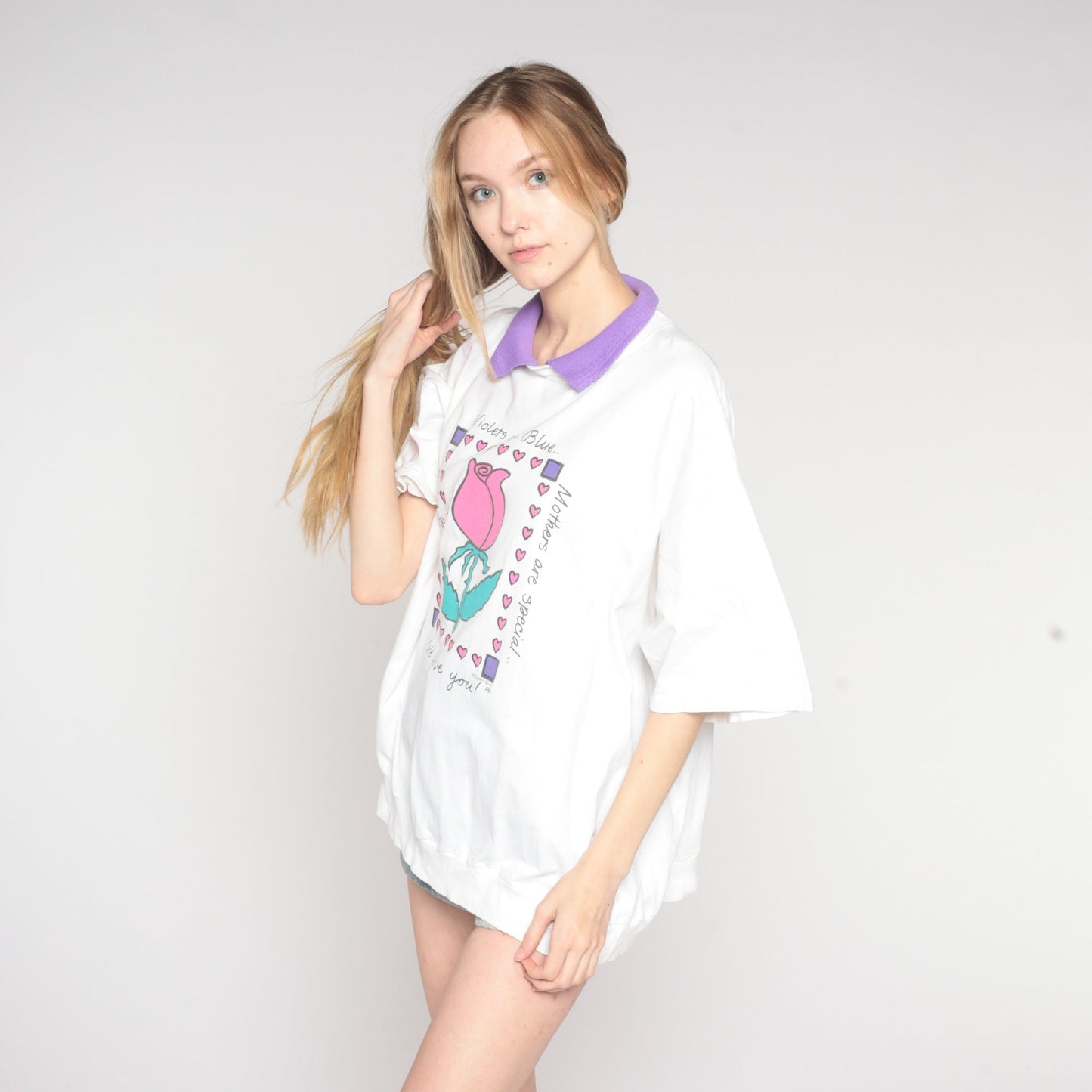 90s Mom Graphic T-Shirt Collared White Purple Rose Heart Tee Plus Size XXL