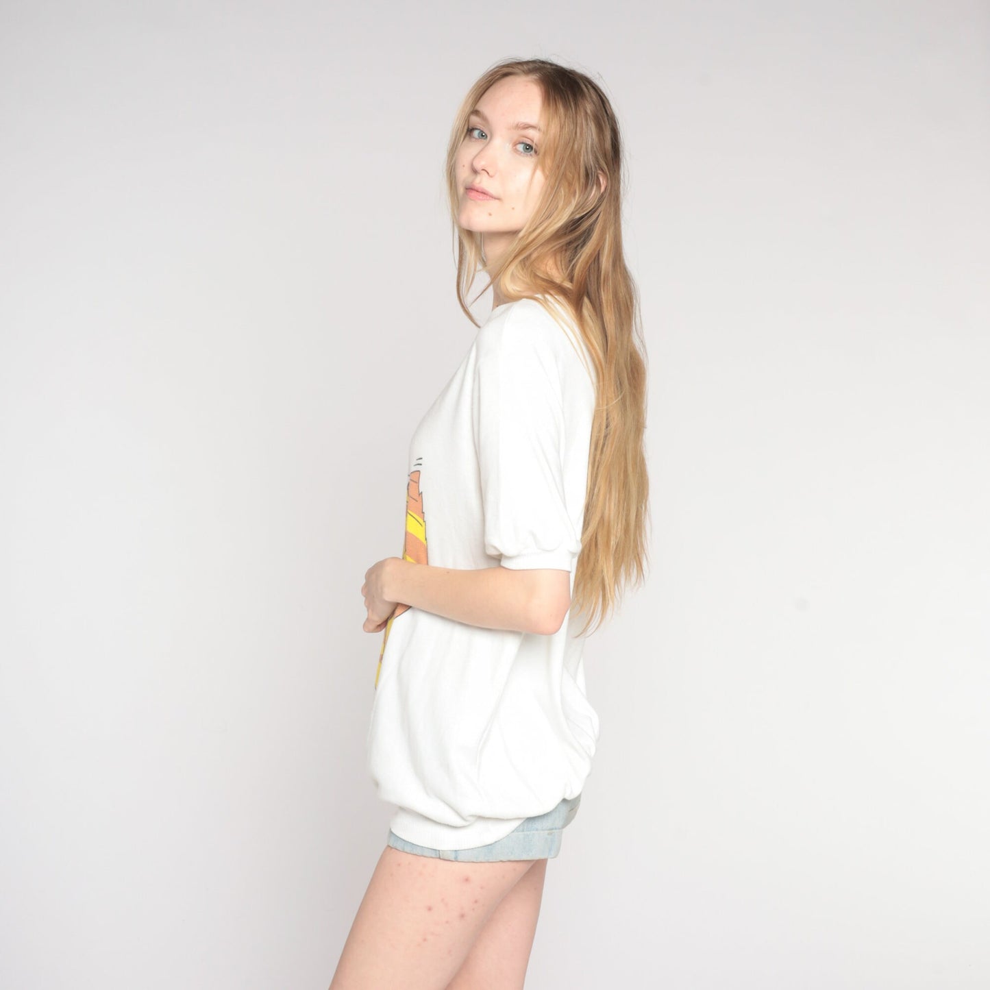 80s Cartoon Cat Heart Graphic T-Shirt White Banded Hem Large L