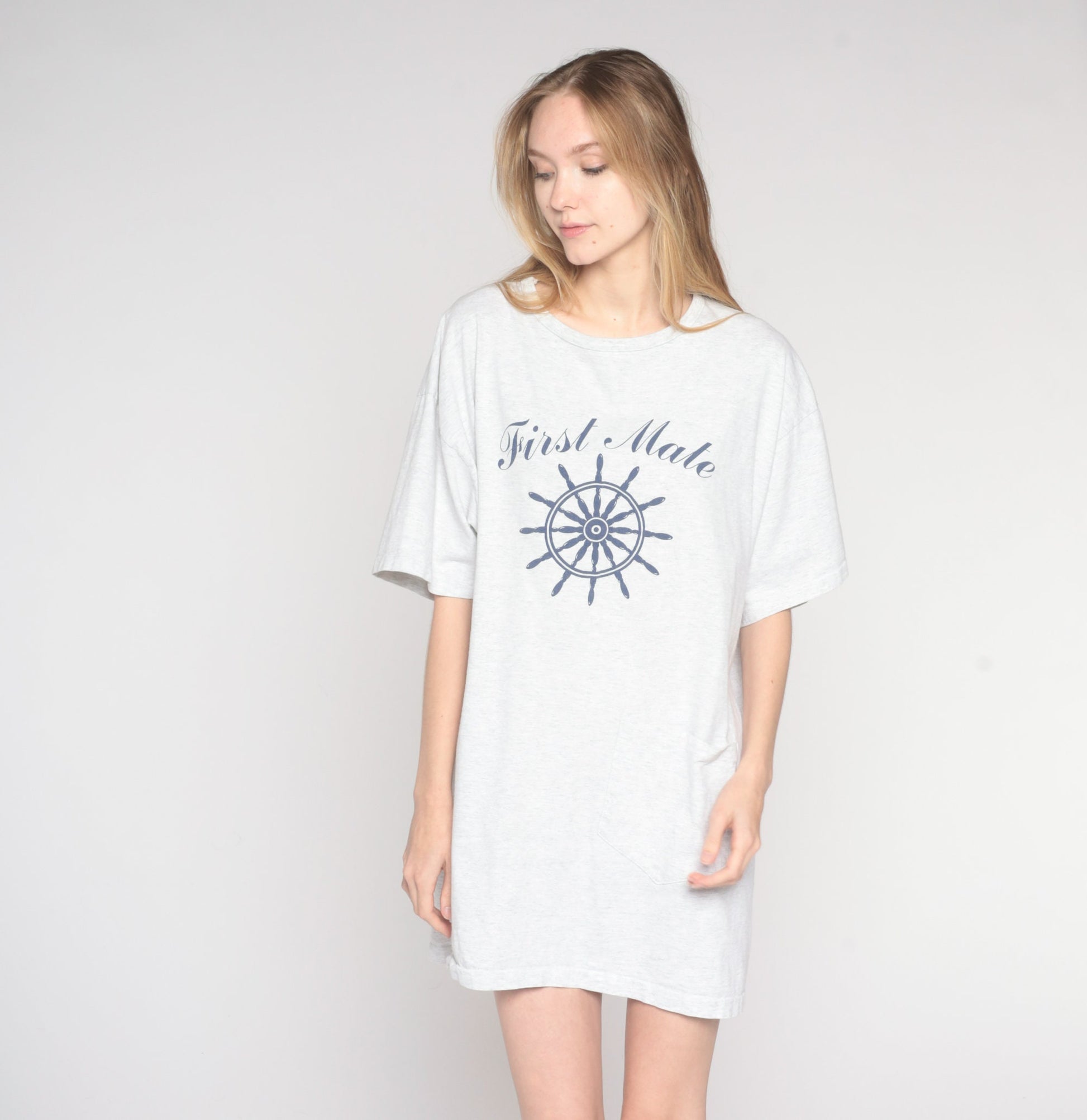 90s First Mate Nautical Graphic T-Shirt Dress Light Grey Cotton One Size