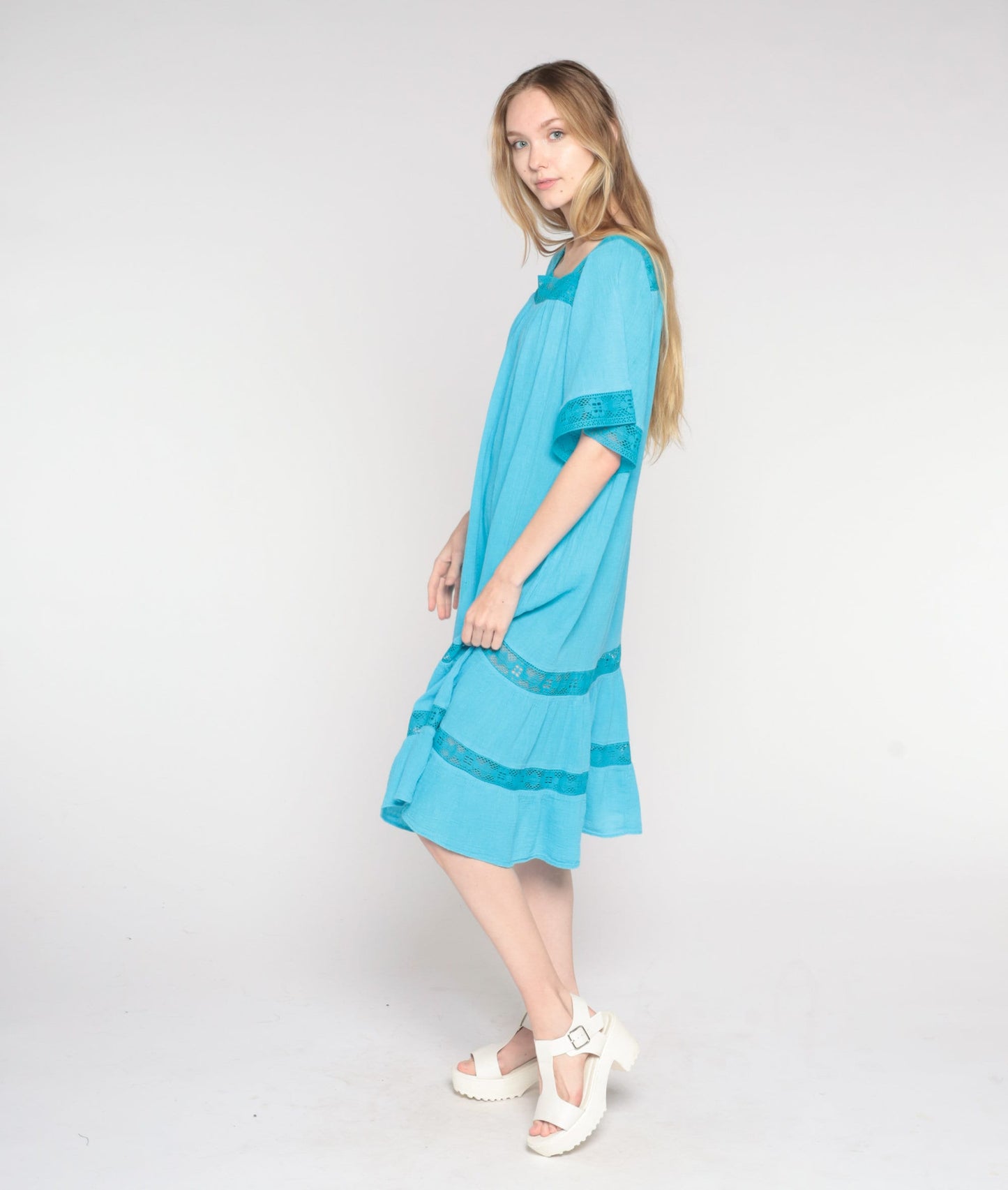 80s Blue Cotton Midi Dress Crochet Trim Tiered Trapeze Sundress Small