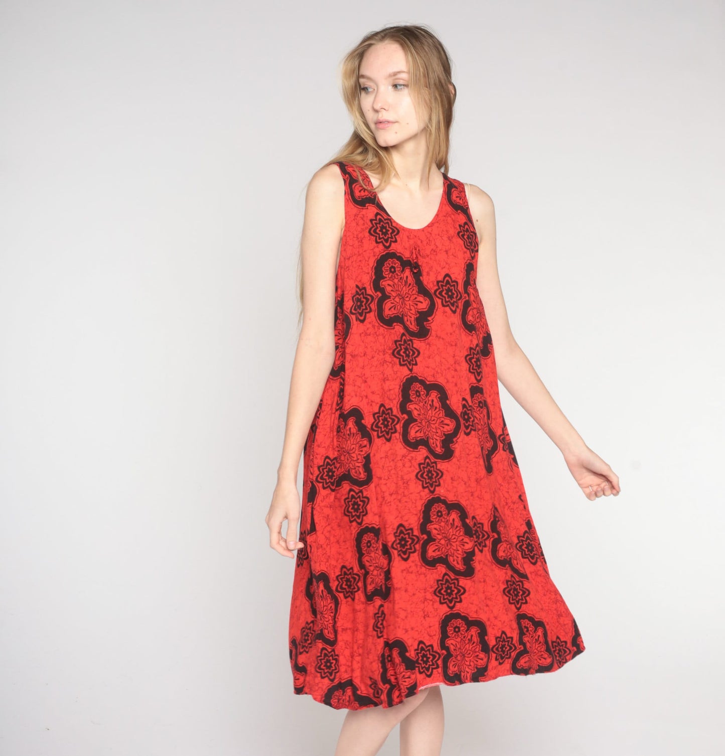 Y2K Red Tropical Floral Midi Dress Sleeveless Tent Cut 00s Sundress Medium M