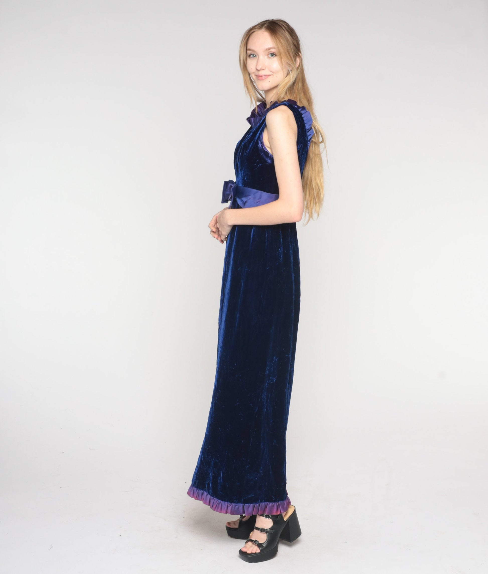 70s Indigo Velvet Maxi Dress Empire Waist Bow Ruffled Neckline Small S