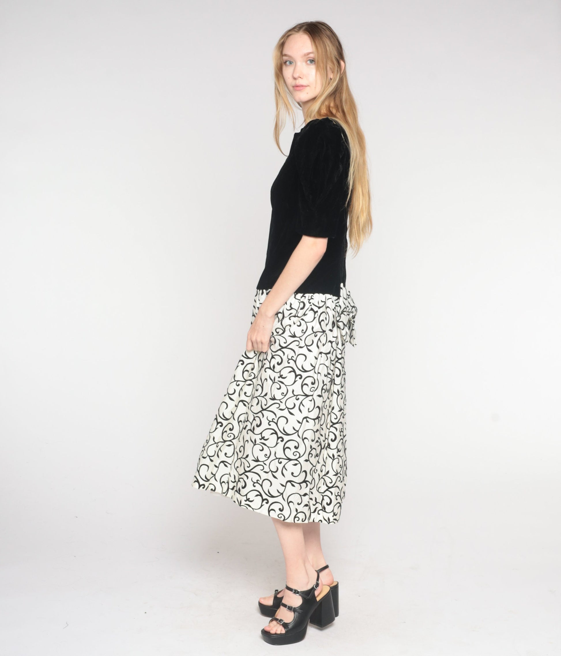 80s Black Velvet Vine Print Midi Dress Puff Sleeve Bow Scoop Back Small