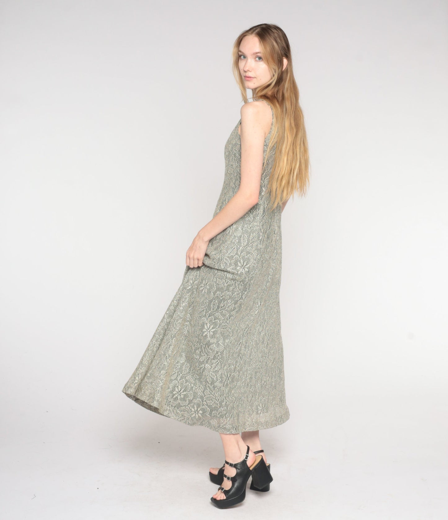 90s Metallic Floral Lace Maxi Dress Sleeveless Column Gown Small