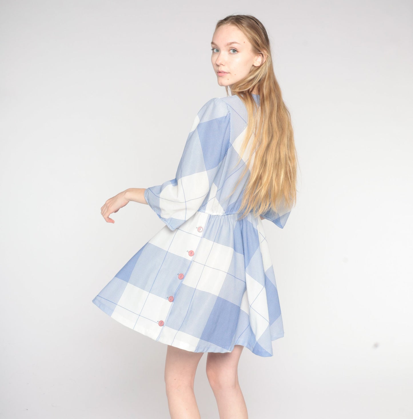 70s Blue White Checkered Mini Dress Puff Sleeve A-Line High Waist Medium Large
