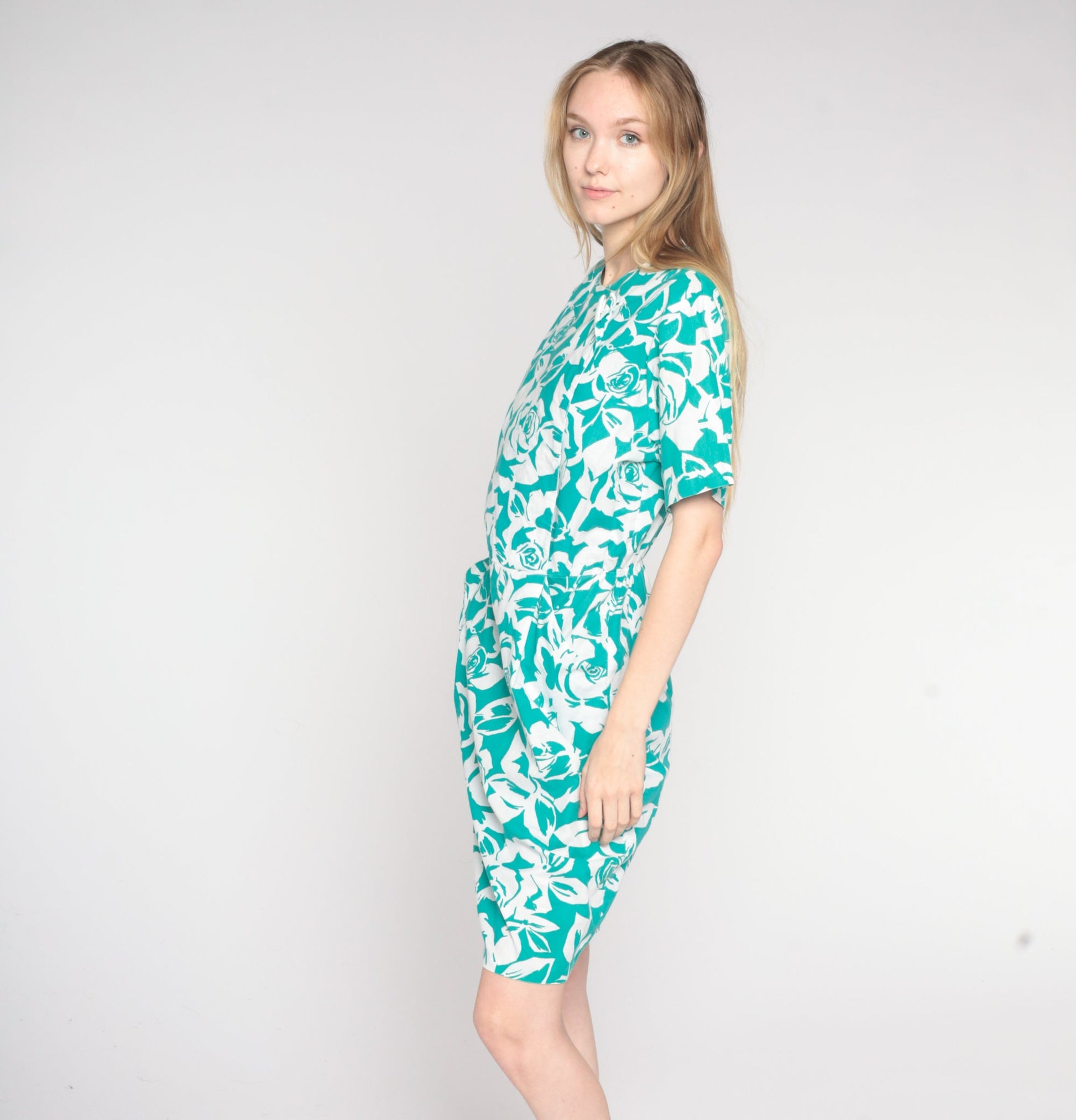 90s Green Rose Floral Print Dress Knee Length Button Wrap Pencil Medium M