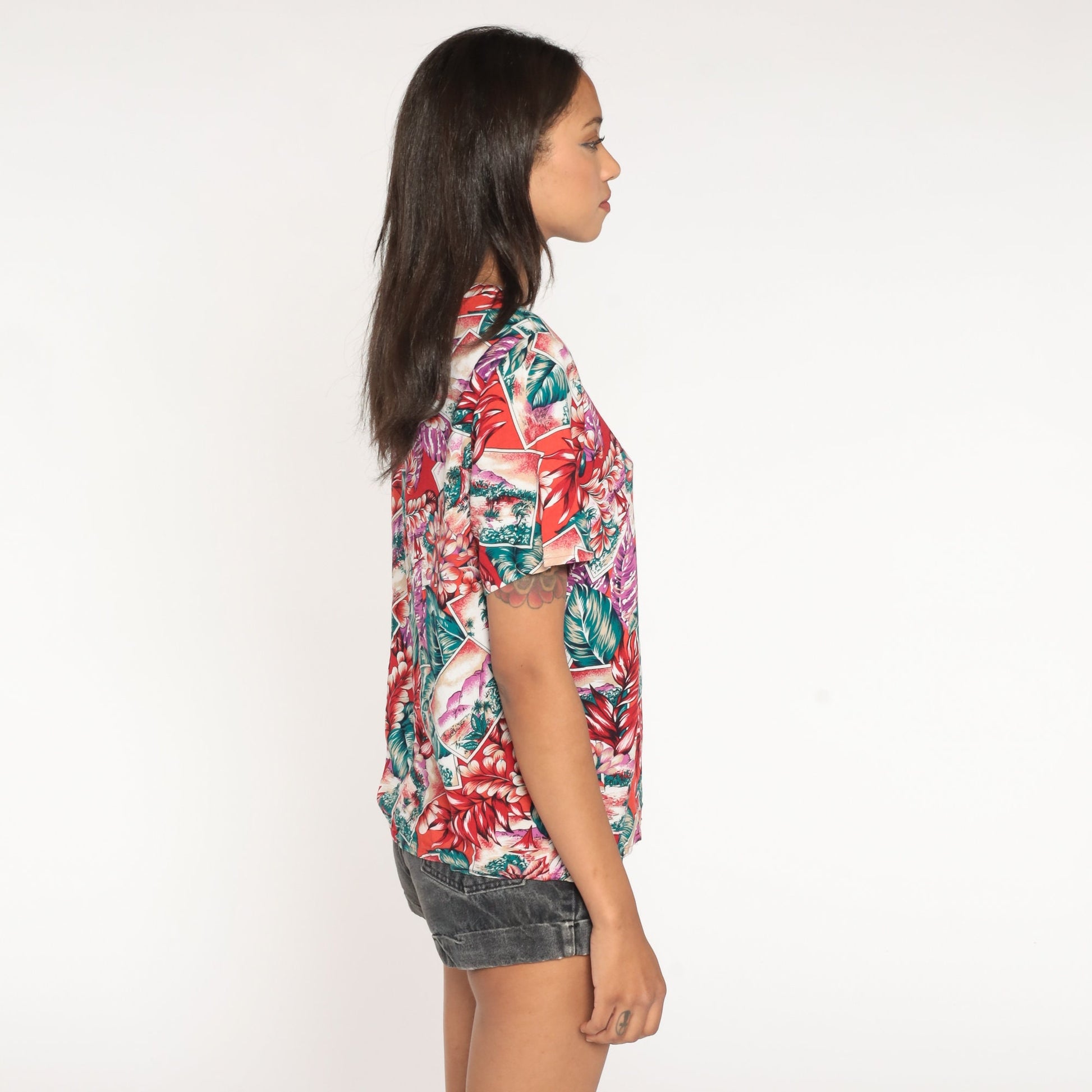 80s Hawaiian Tropical Island Shirt Red Floral Aloha Blouse Small