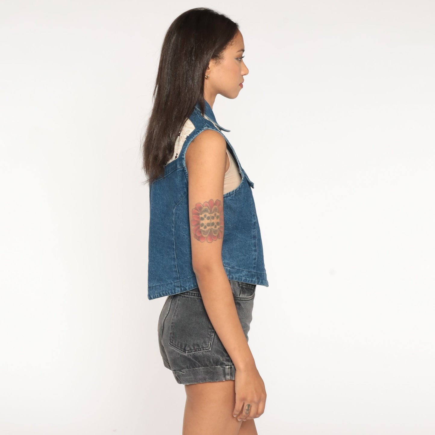90s Southwestern Denim Vest Embroidered Blue Cotton Button Up Medium
