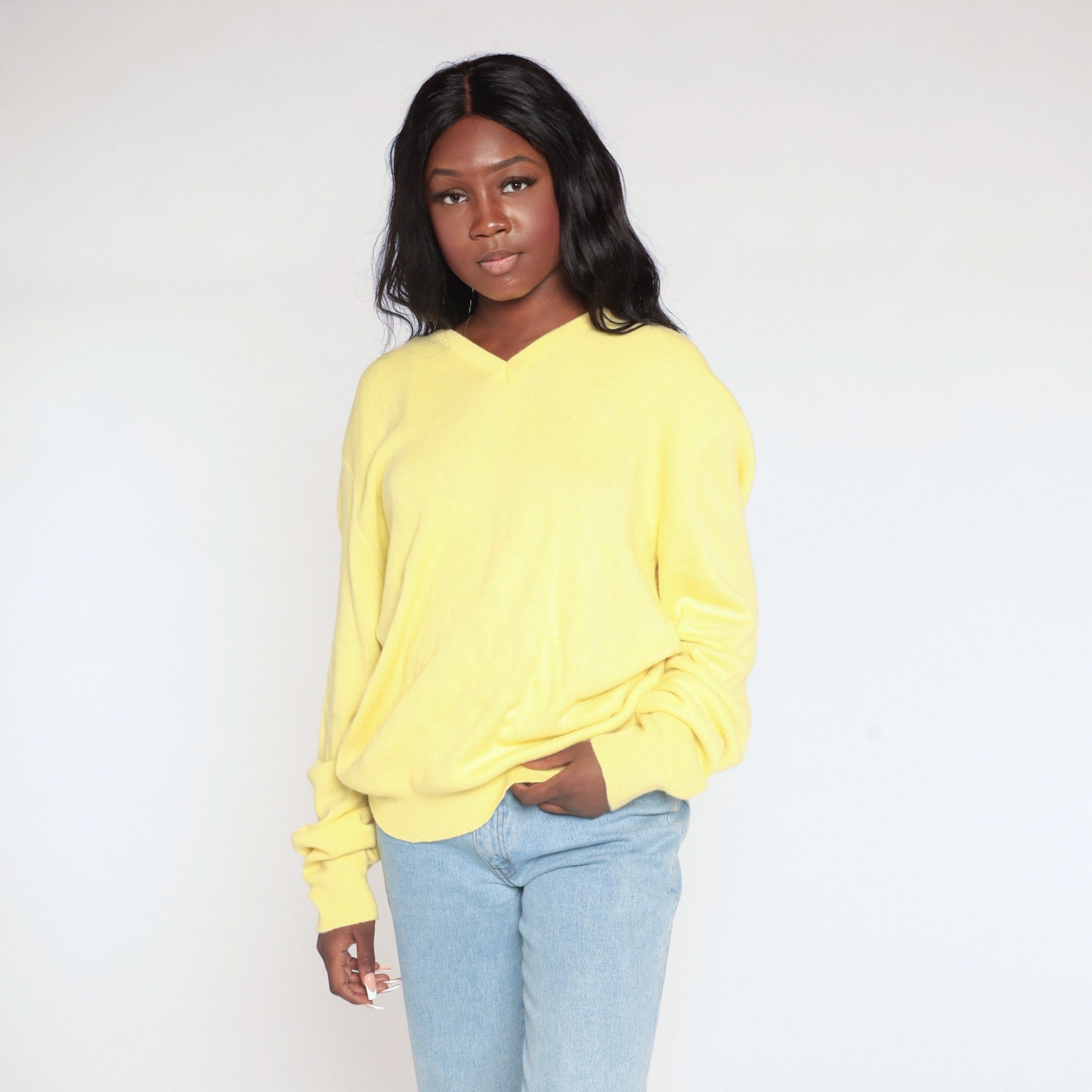 80s Yellow V-Neck Knit Sweater Extra Large XXL