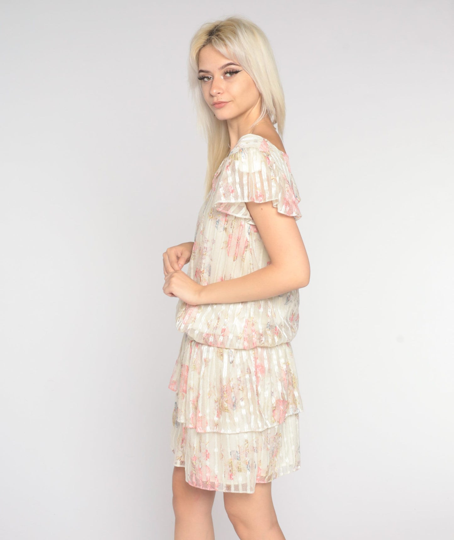 70s Floral Mini Dress Flutter Sleeve Off-White Striped Tiered Small