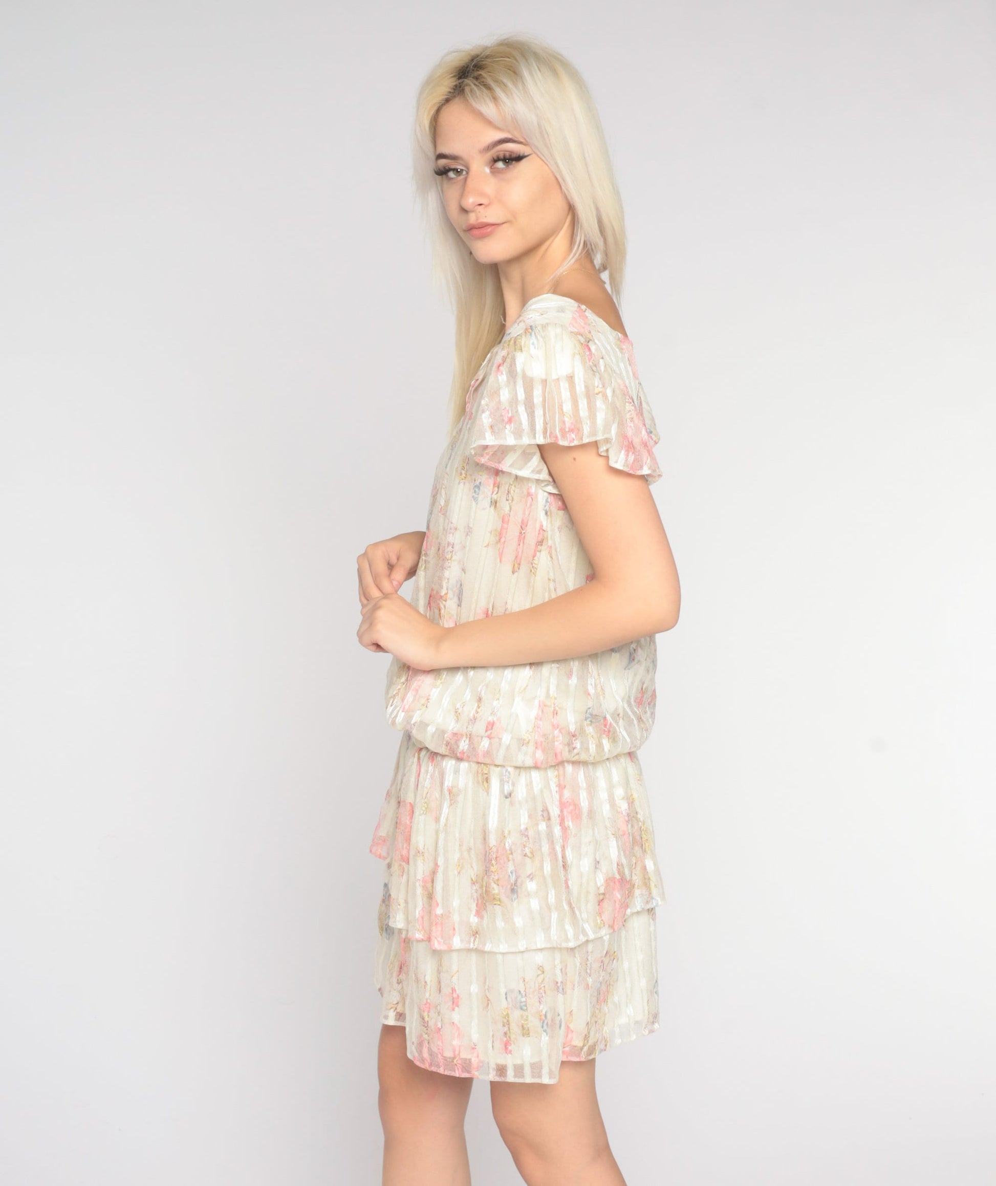 70s Floral Mini Dress Flutter Sleeve Off-White Striped Tiered Small