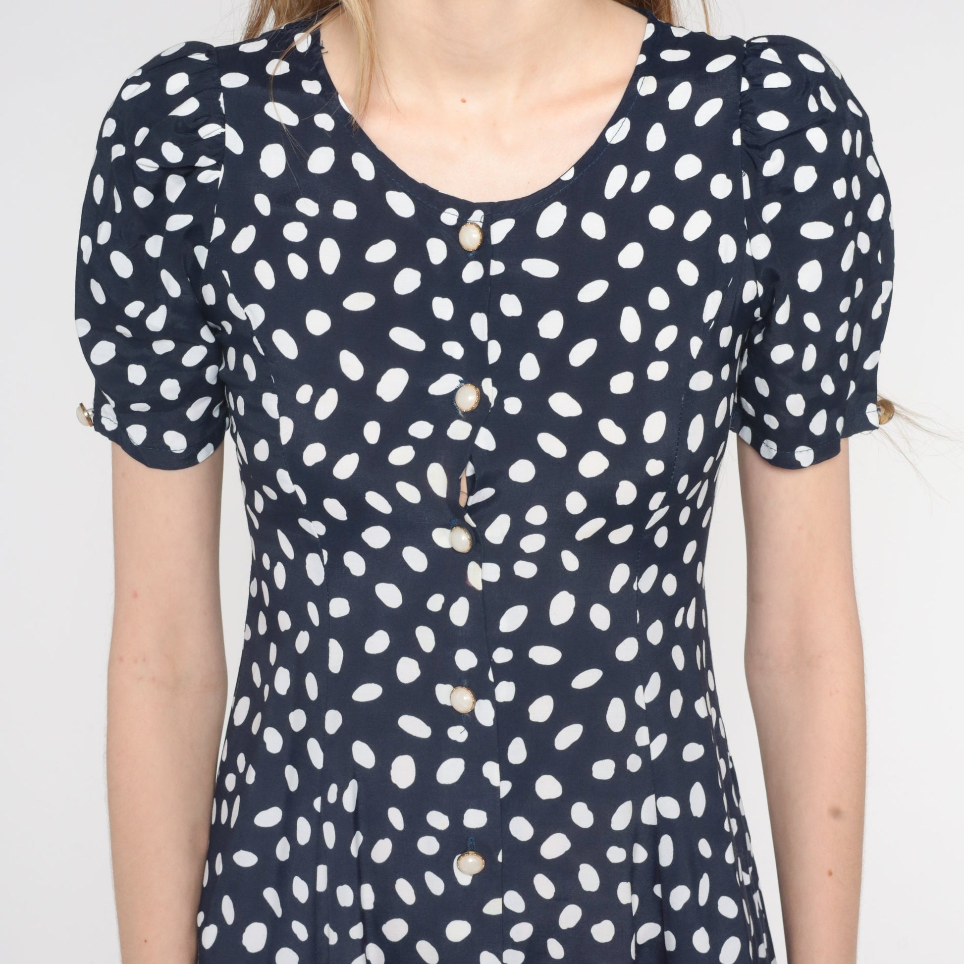 90s Navy Polka Dot Puff Sleeve Mini Dress Button Up Rayon Extra Small