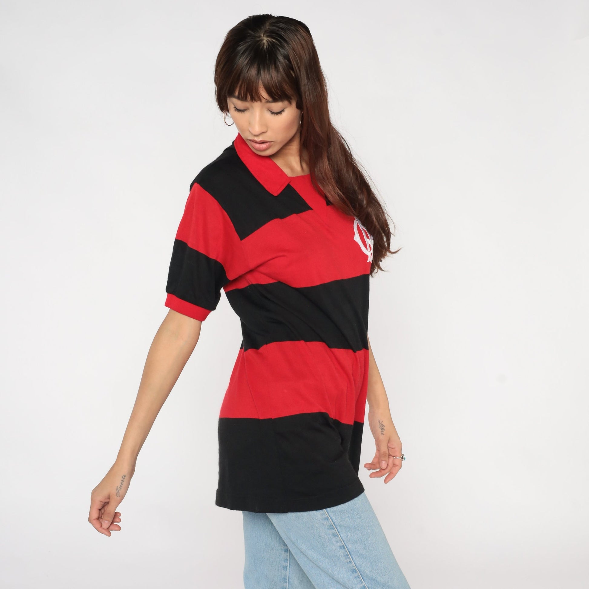 80s Clube de Regatas do Flamengo Polo Shirt Red Black Striped Medium M