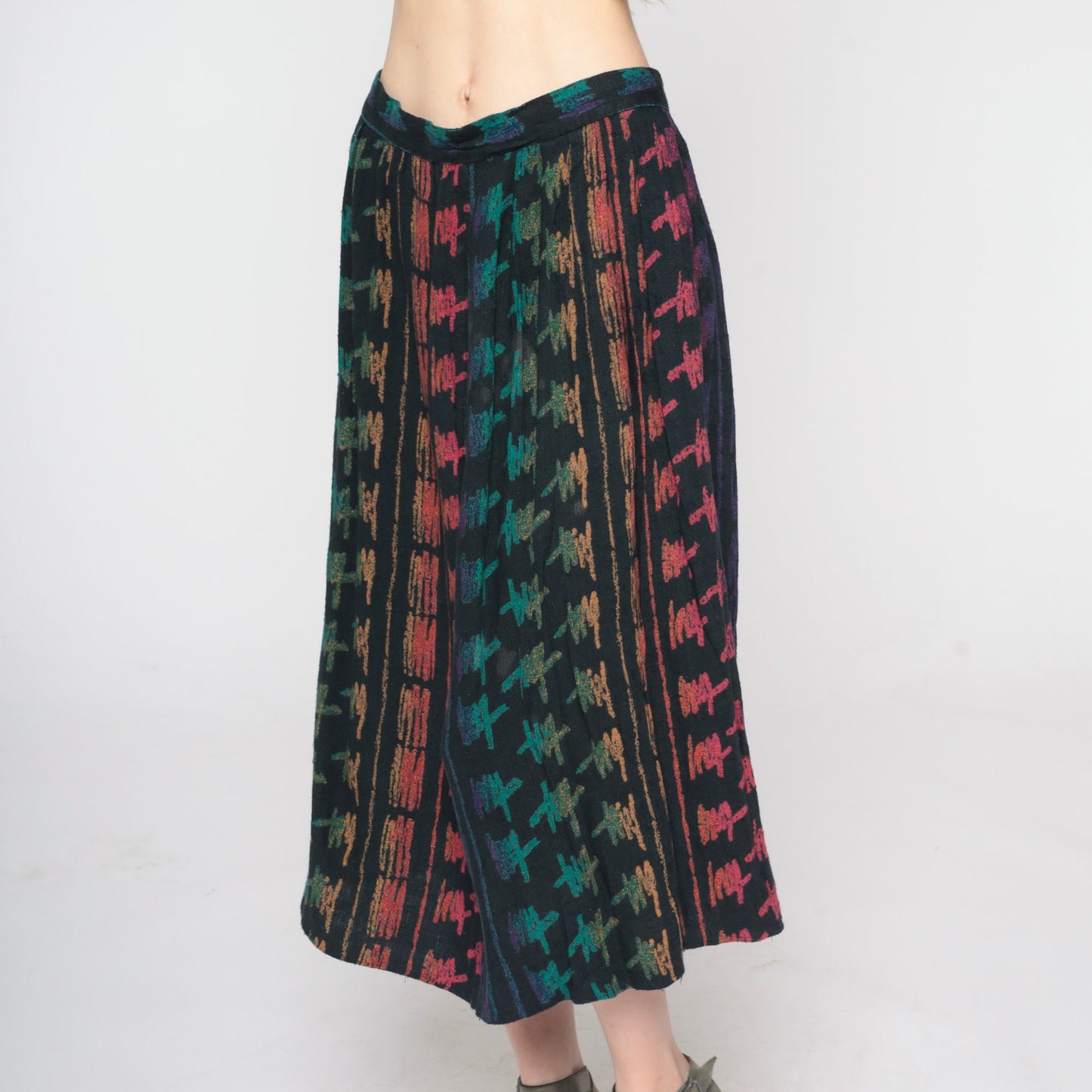 90s Black Abstract Brushstroke Midi Skirt Rainbow Print High Waist Small