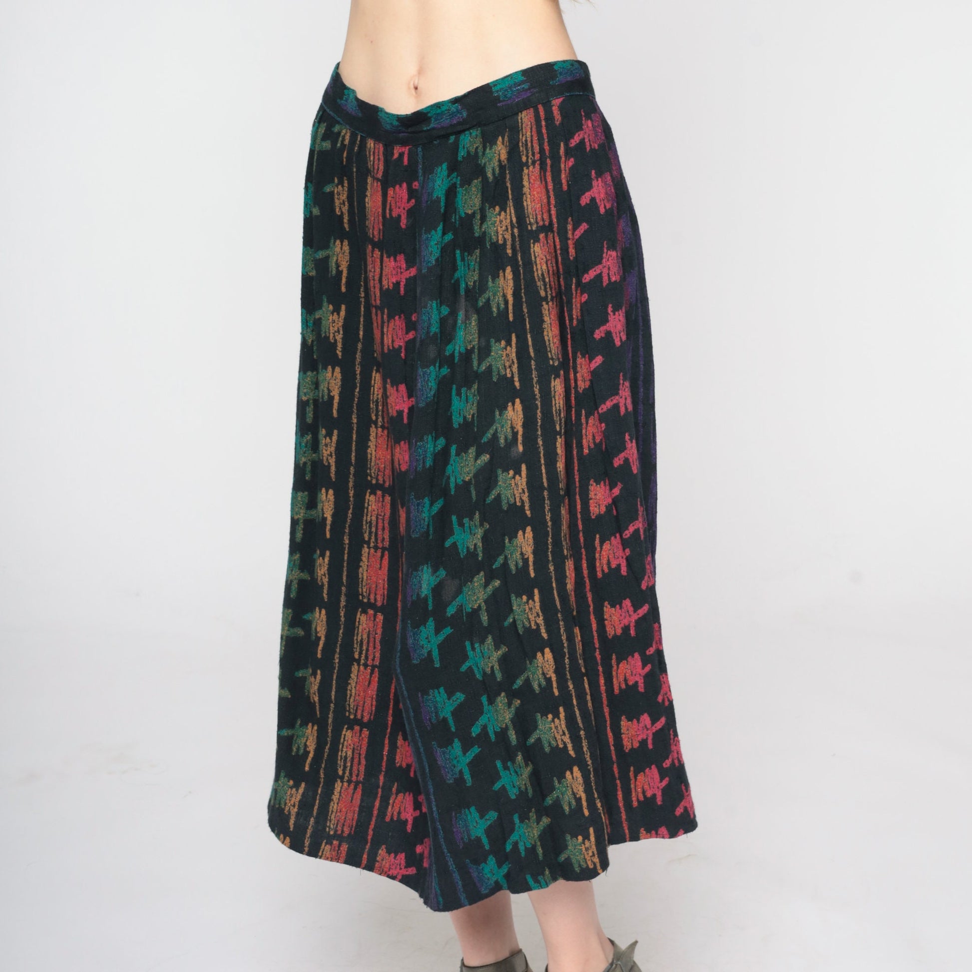 90s Black Abstract Brushstroke Midi Skirt Rainbow Print High Waist Small