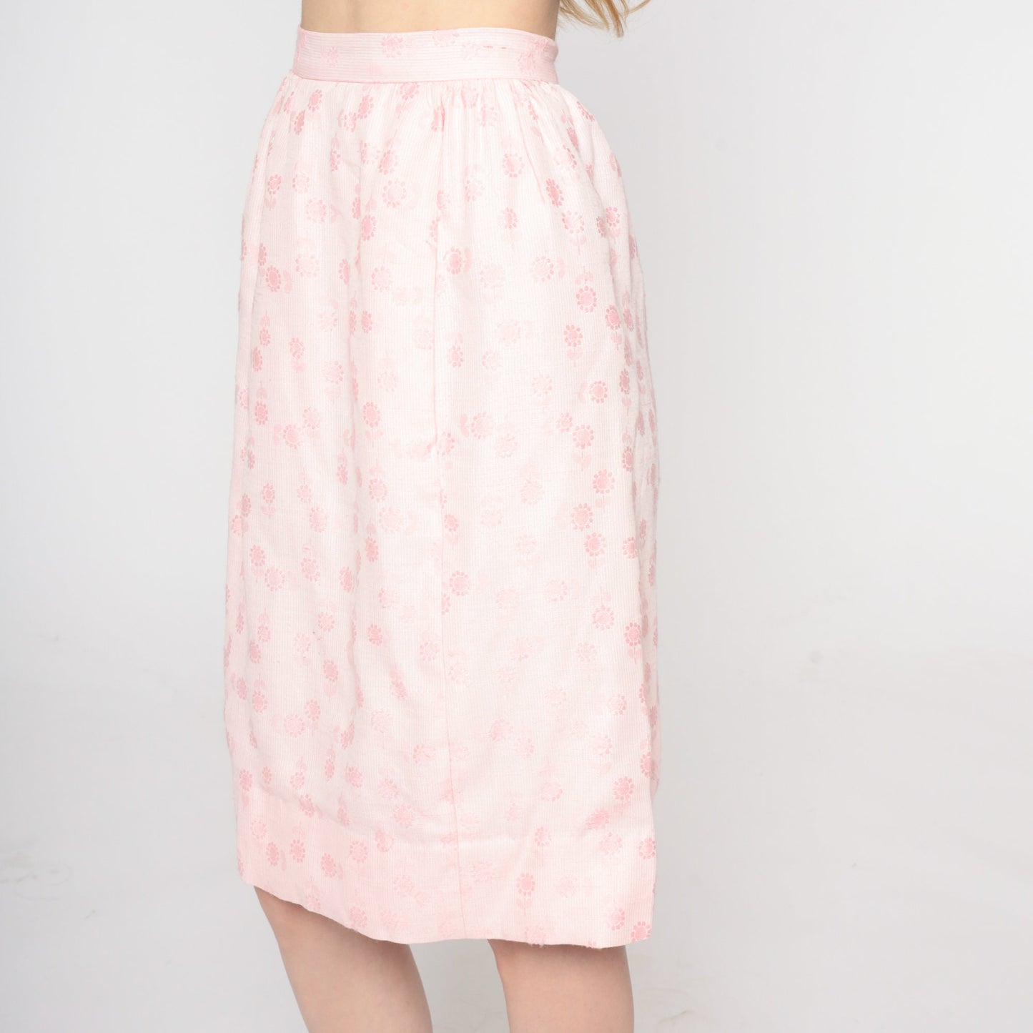 1960s Baby Pink Floral Knee-Length Skirt High Waist Pockets XXS