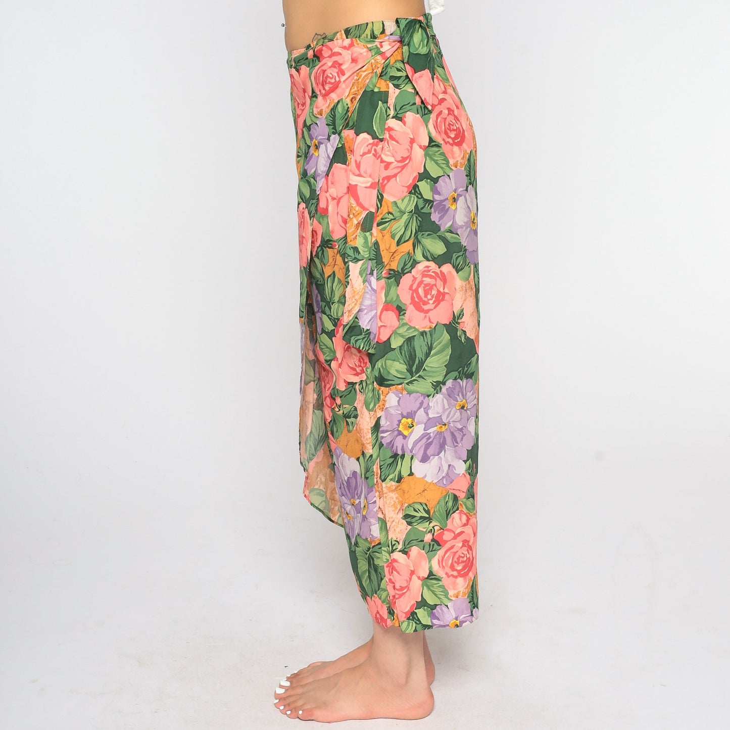 90s Floral Wrap Maxi Skirt Rayon Rose Pattern Small S