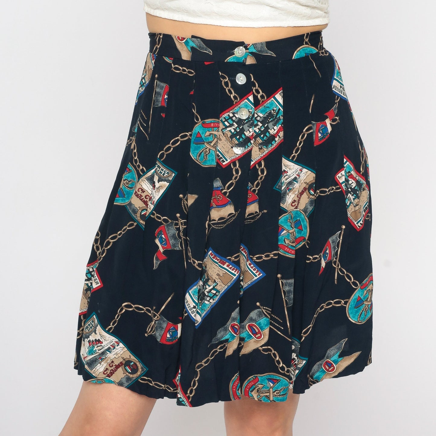 90s Nautical Mini Skirt Button Up Navy Anchor Sailor Print Small