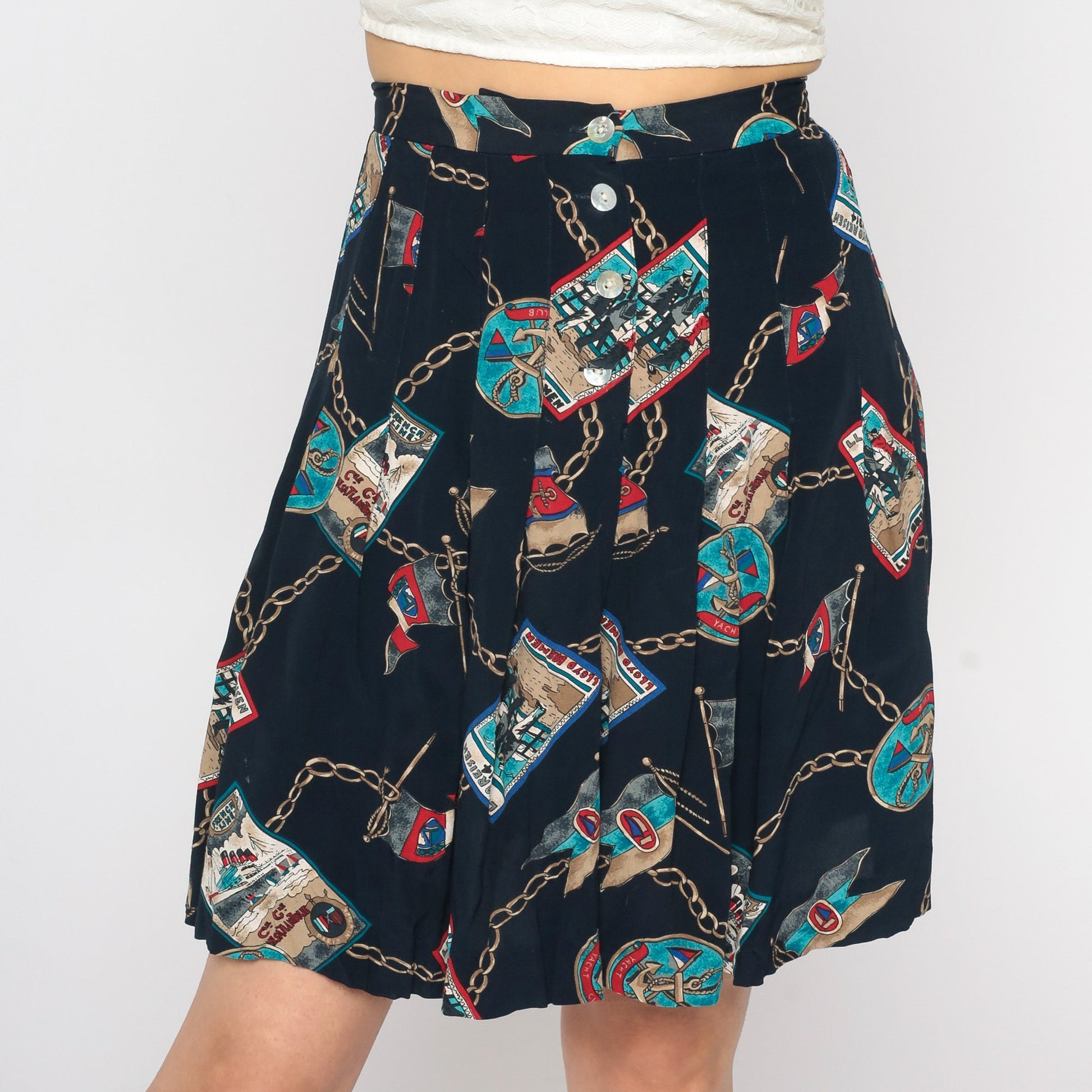 90s Nautical Mini Skirt Button Up Navy Anchor Sailor Print Small