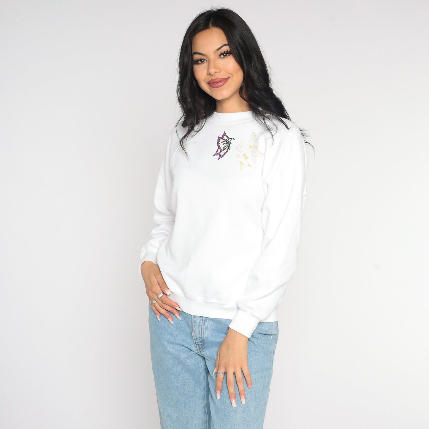 80s Butterfly Embroidered Sweatshirt White Mom Crewneck Large L