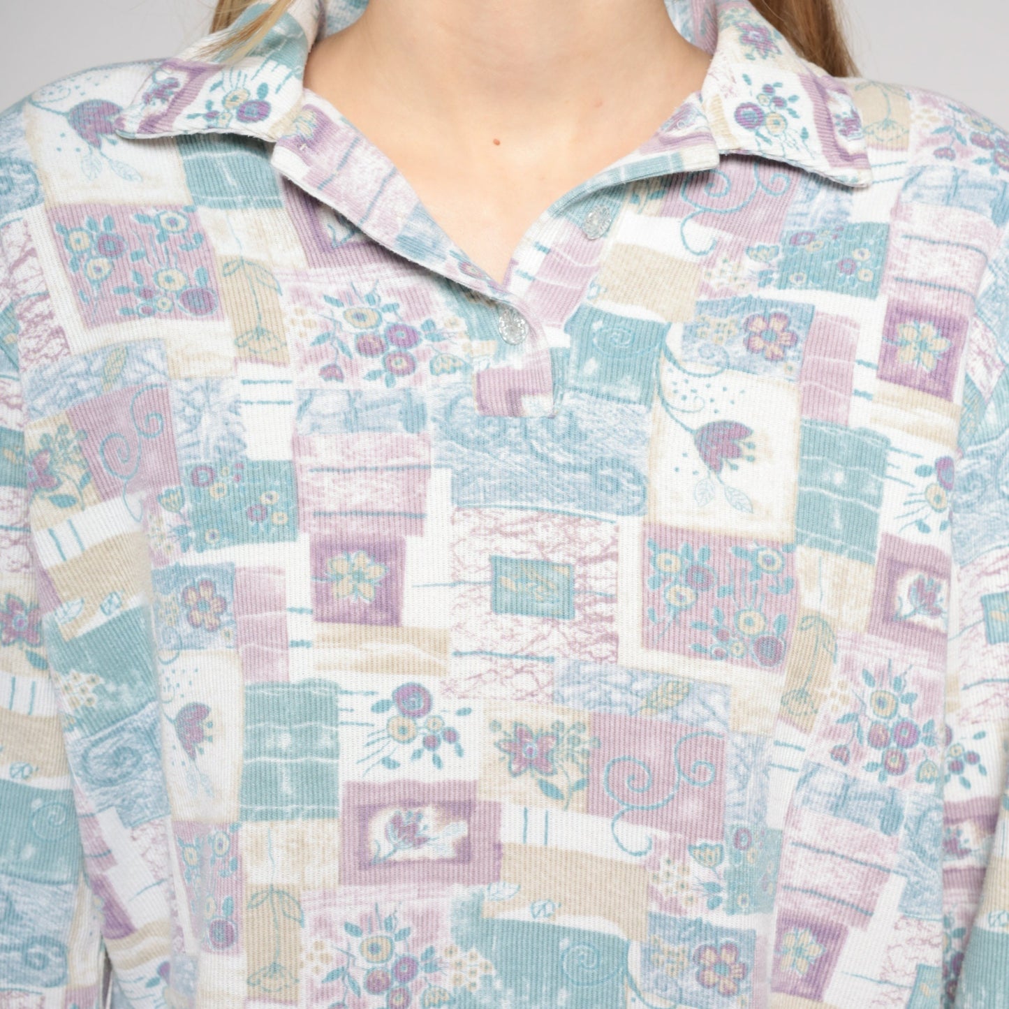 90s Floral Long Sleeve Collared Shirt Banded Hem Pastel Flower Print Medium