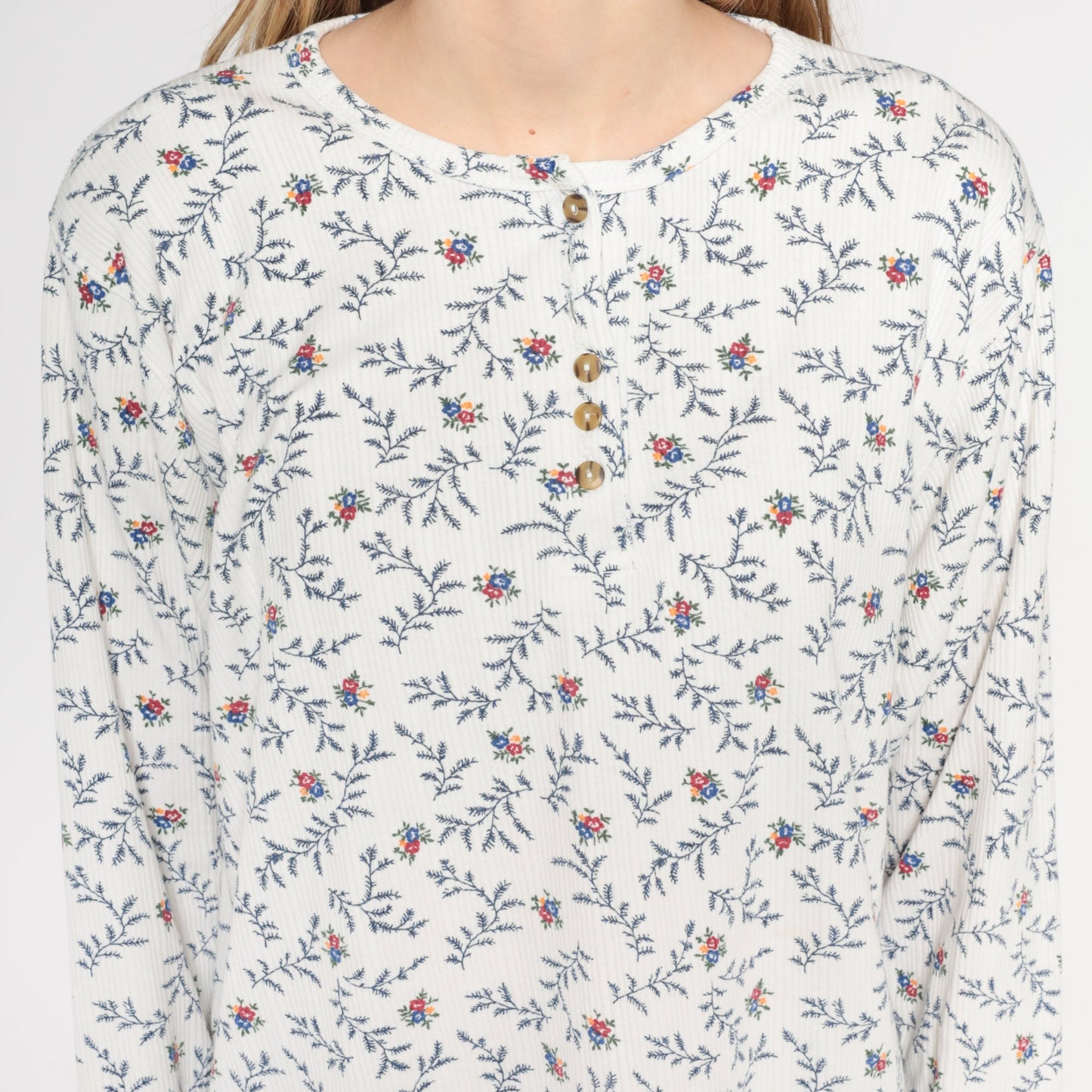 90s Floral Henley Long Sleeve Ribbed Shirt White Medium